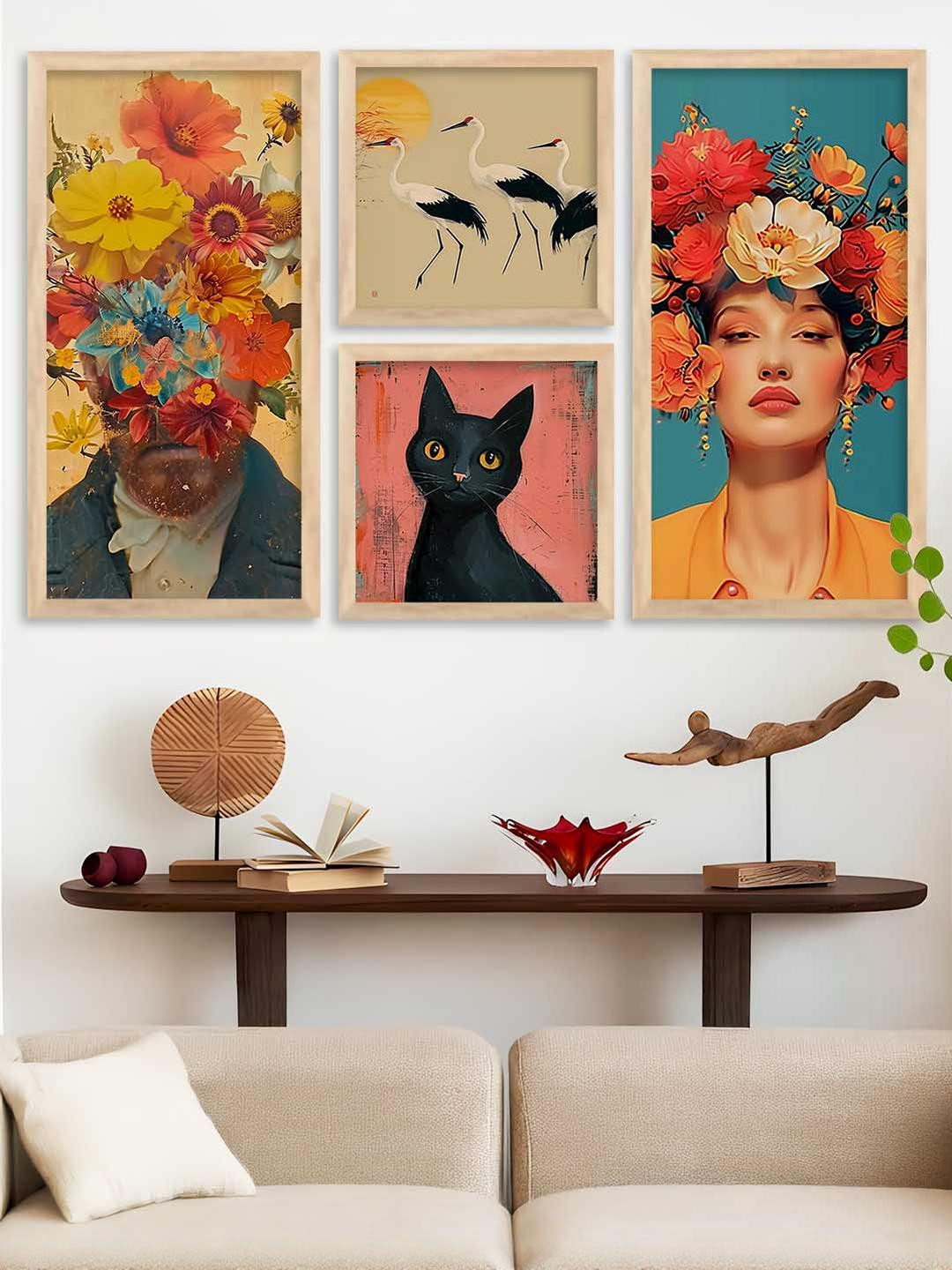 WALLLANE Multicoloured Modern 4 Piece Wood Abstract Wall Paintings