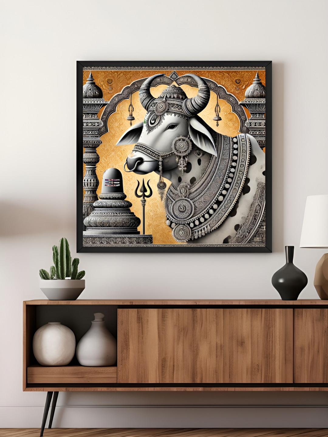 999Store Grey & Yellow Nandi Bull Canvas Painting Wall Art