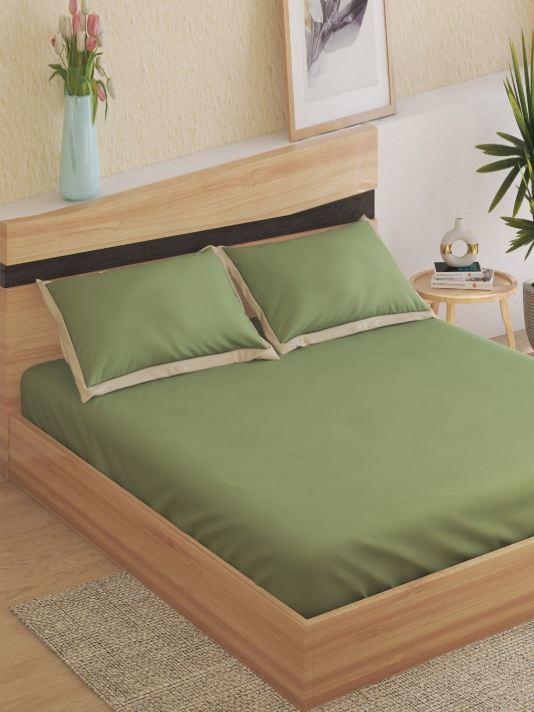 Home Centre Color Bliss Green & Beige Cotton 200TC King Bedsheet Set 2.74m x 2.74m