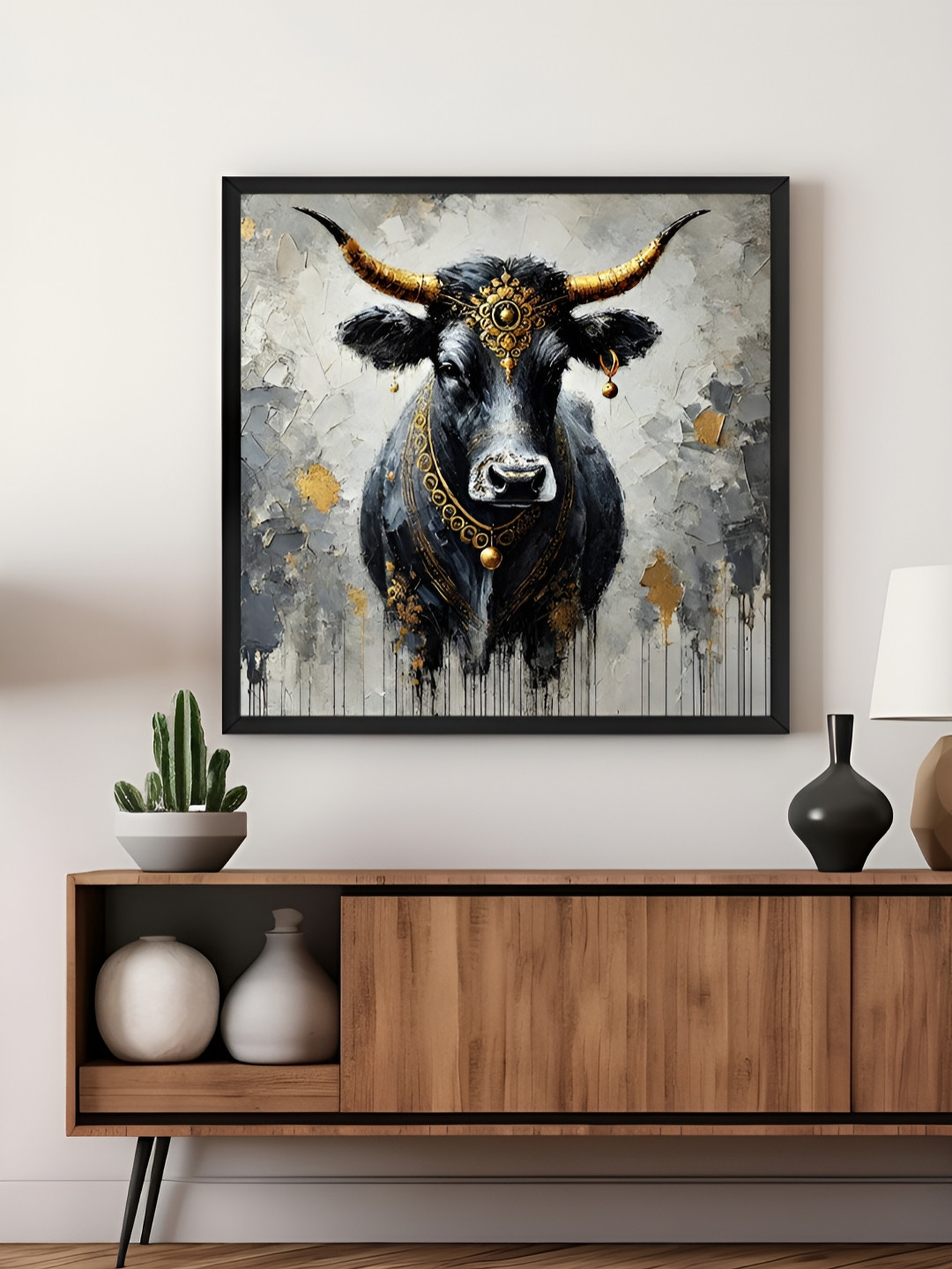 999Store Grey & Yellow Divine Bull Canvas Painting Wall Art