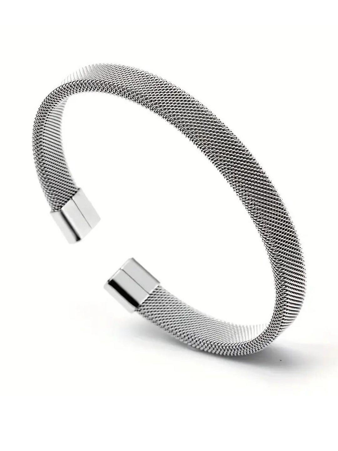 Inites Silver Plated Stainless Steel Adjustable Half Mesh Kada Bracelet