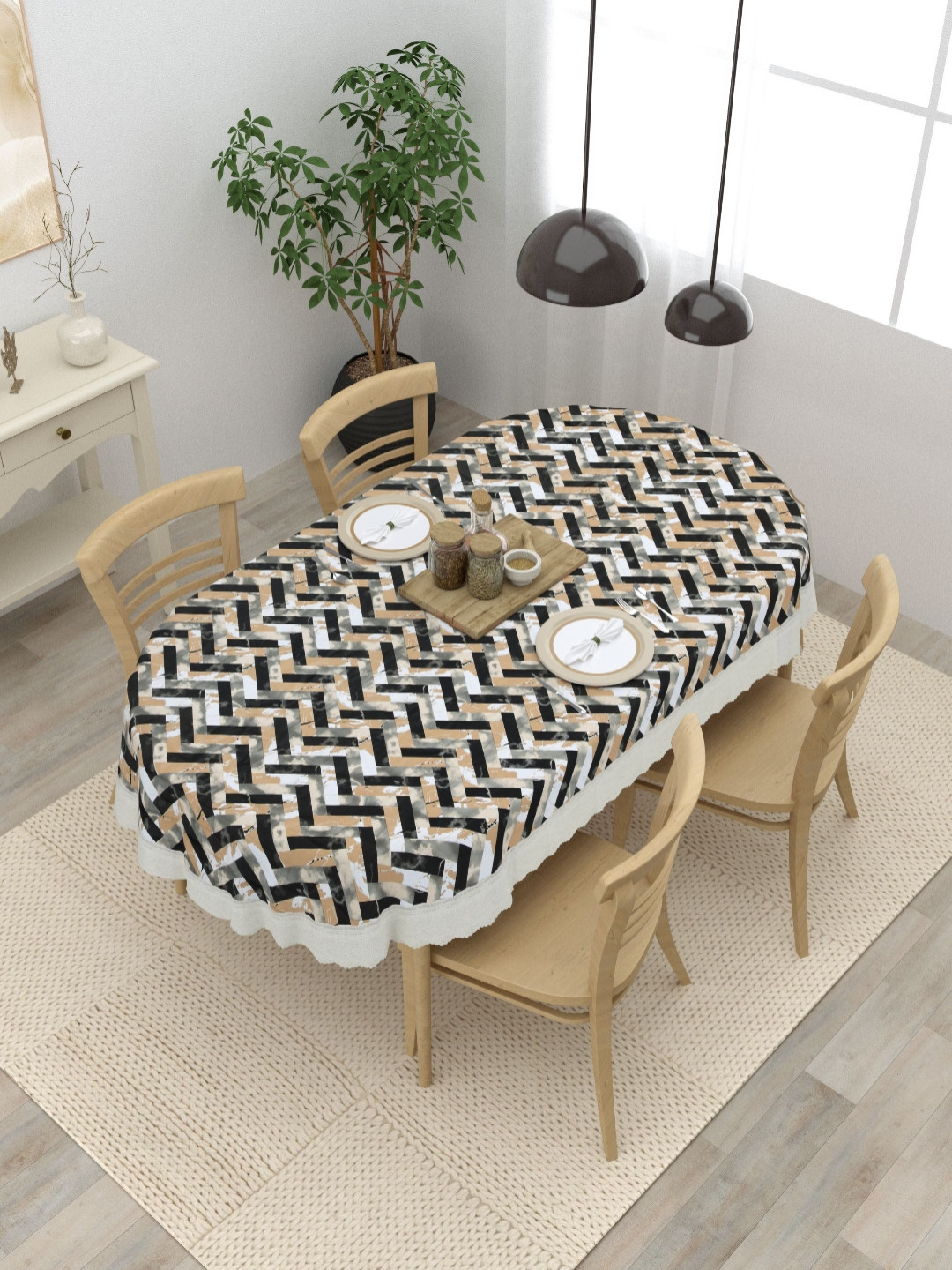 Clasiko Black & White Geometric Printed Anti-Slip Oval Shaped 4-Seater Table Cover