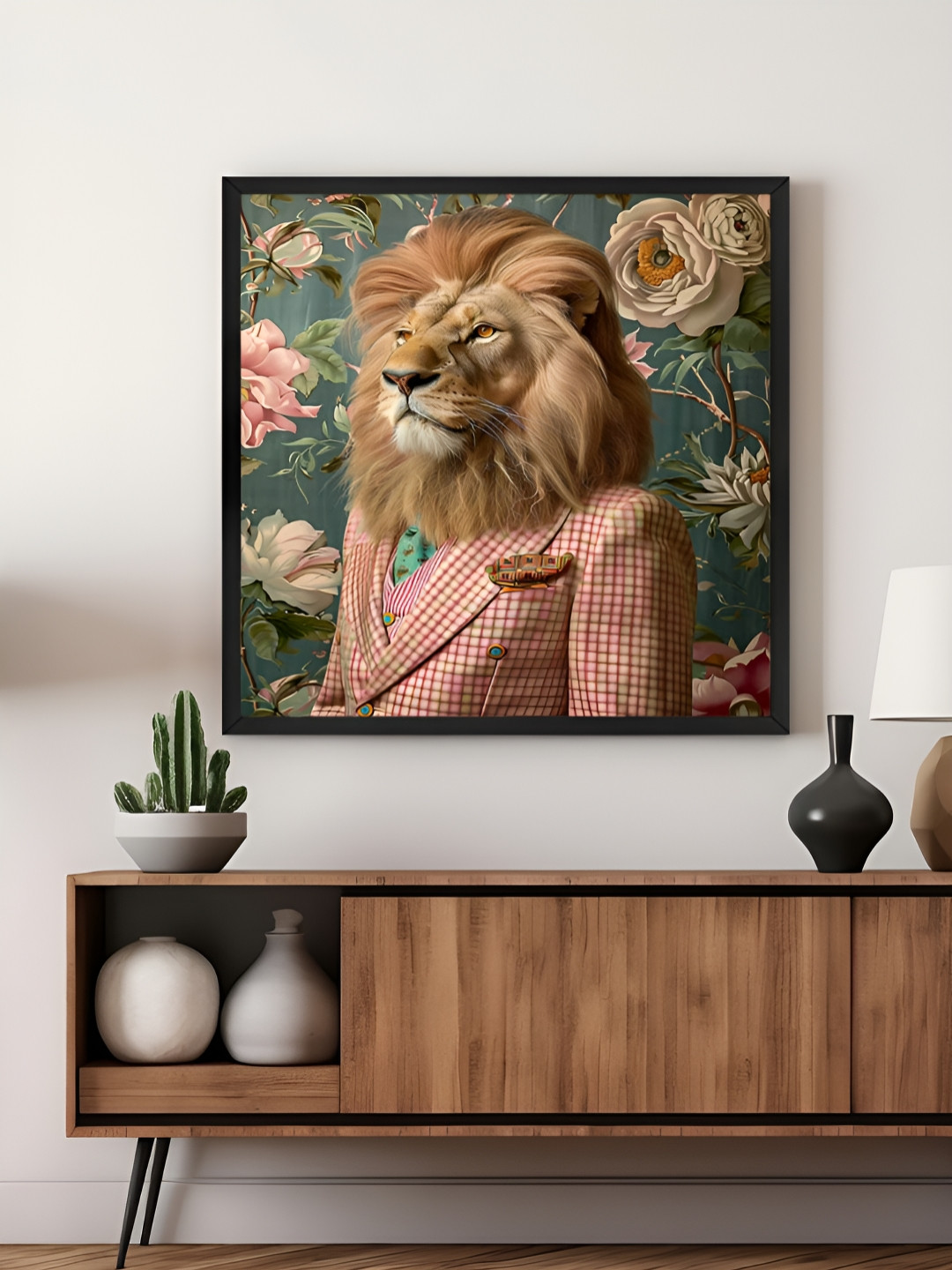 999Store Brown & Green Checkered Suit Lion Canvas Wall Art