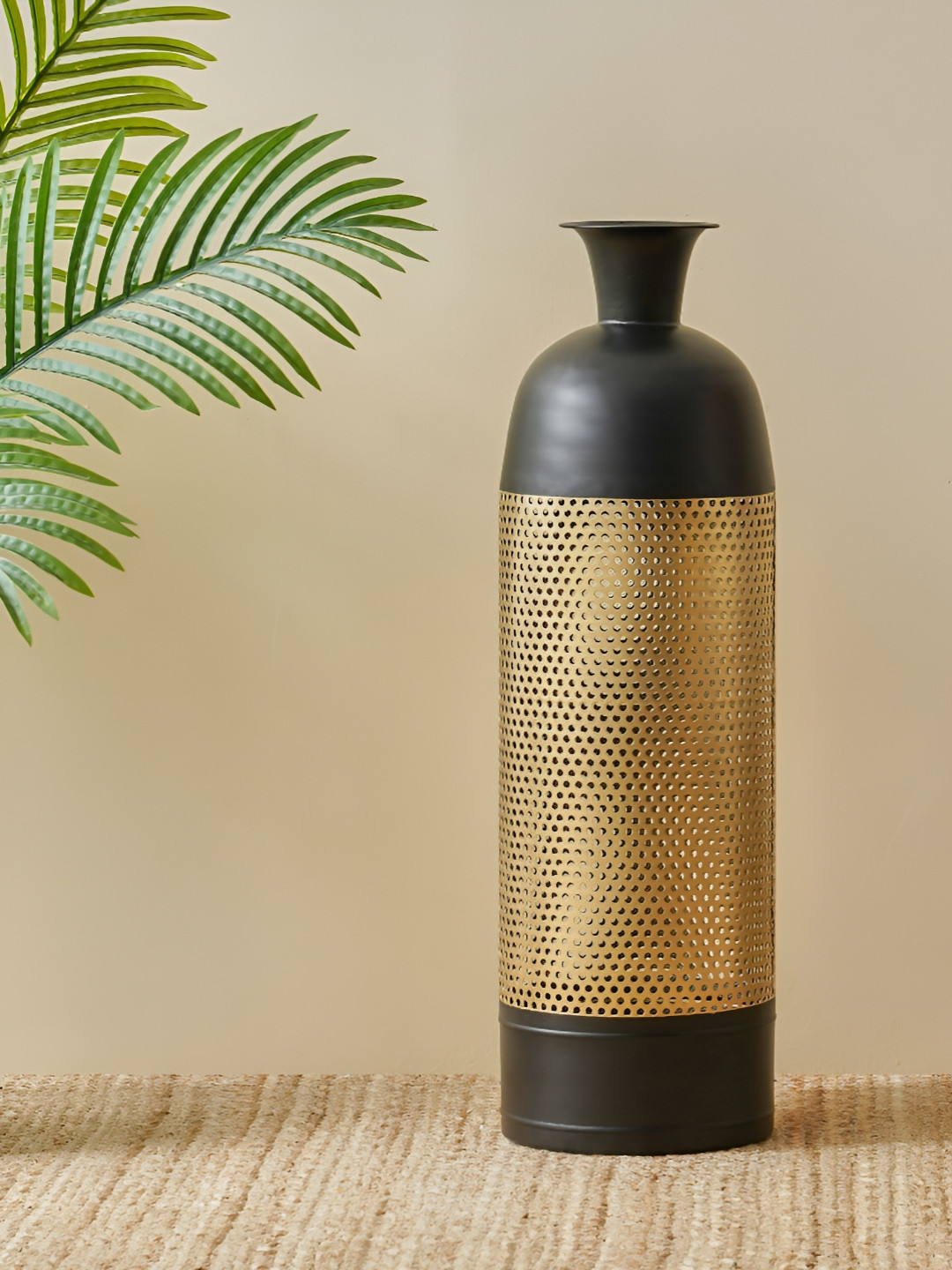 Home Centre Corsica Ailbern Black & Yellow Metal Jaali Floor Vase