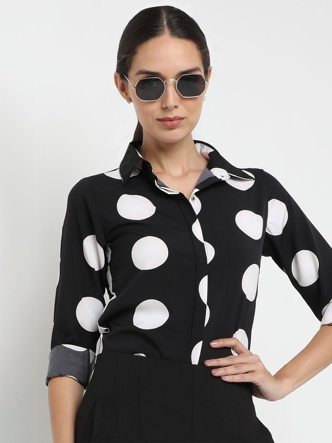 NOT SO PINK Women Relaxed Fit Polka Dots Printed Spread Collar Casual Shirt