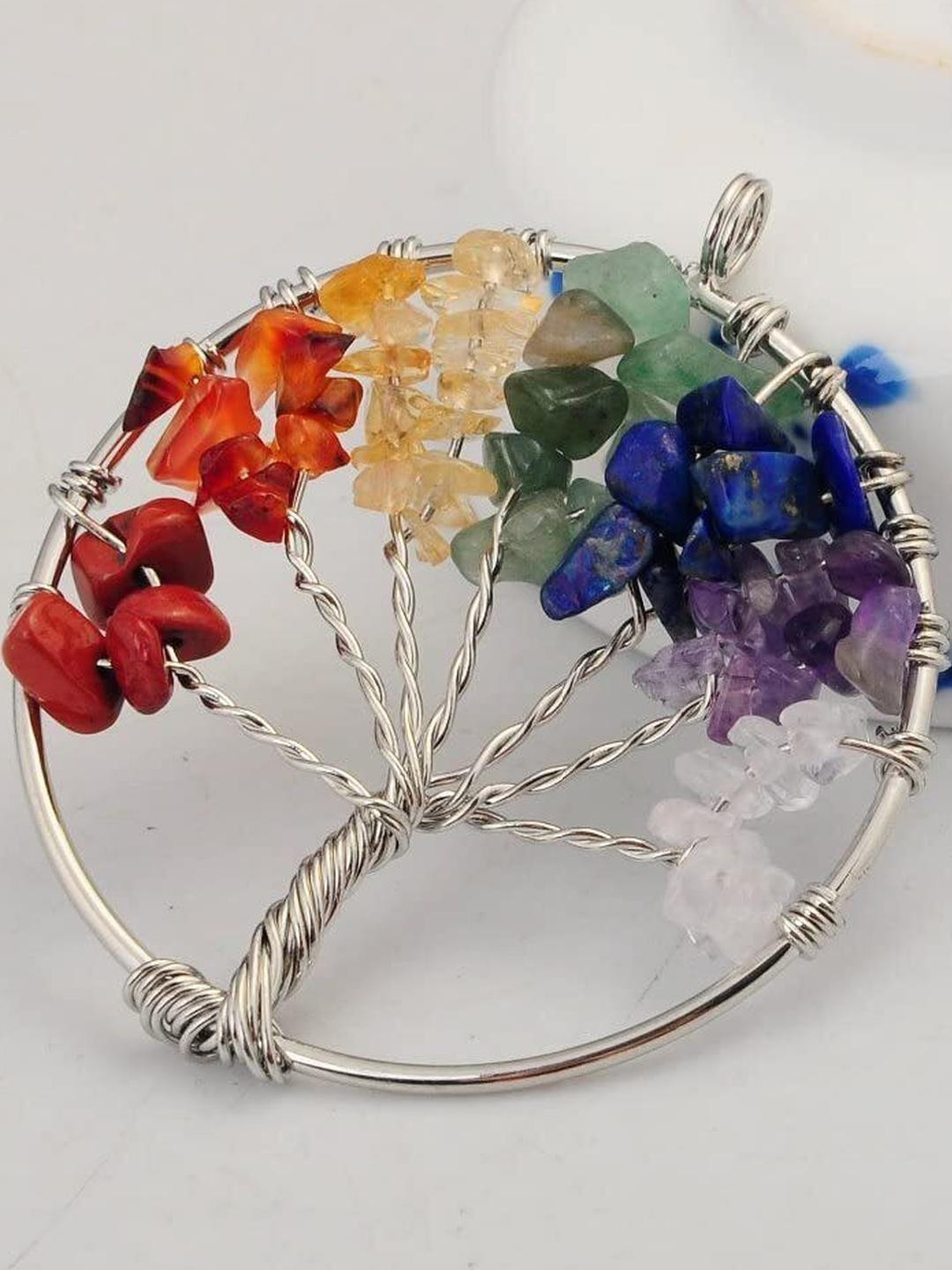 VIBESLE Adult's Multicolor Crystal Three Shape Silver Pleated Circular Pendant