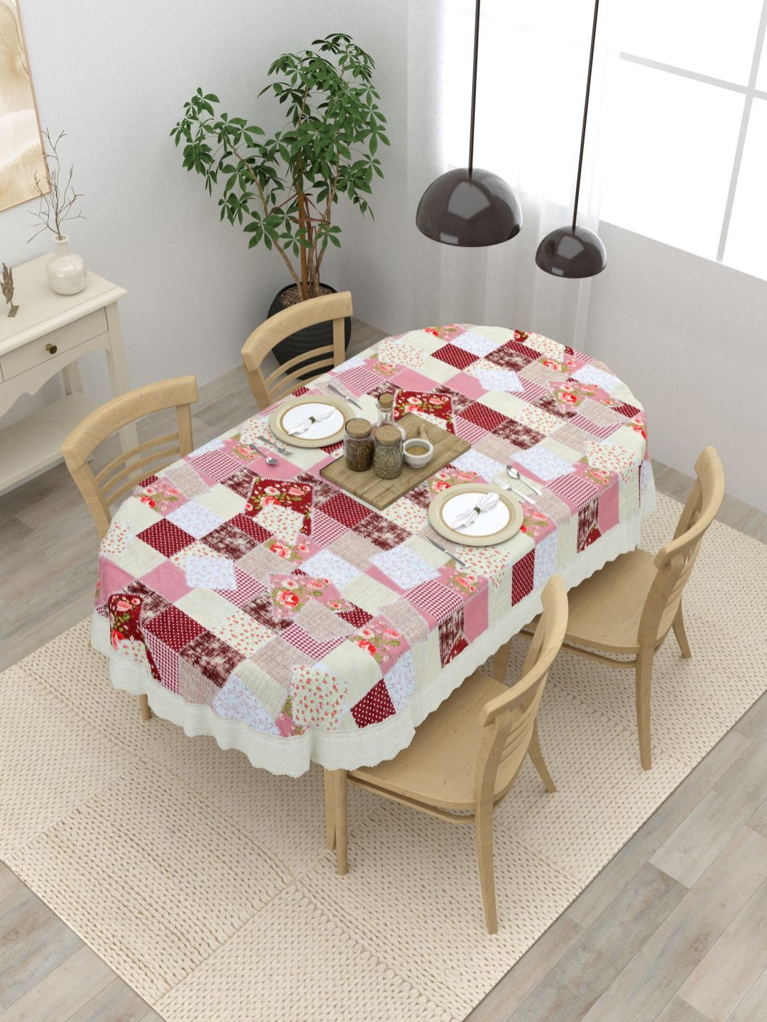 Clasiko Green Geometric Printed Anti-Slip Oval Shaped 4-Seater Table Cover