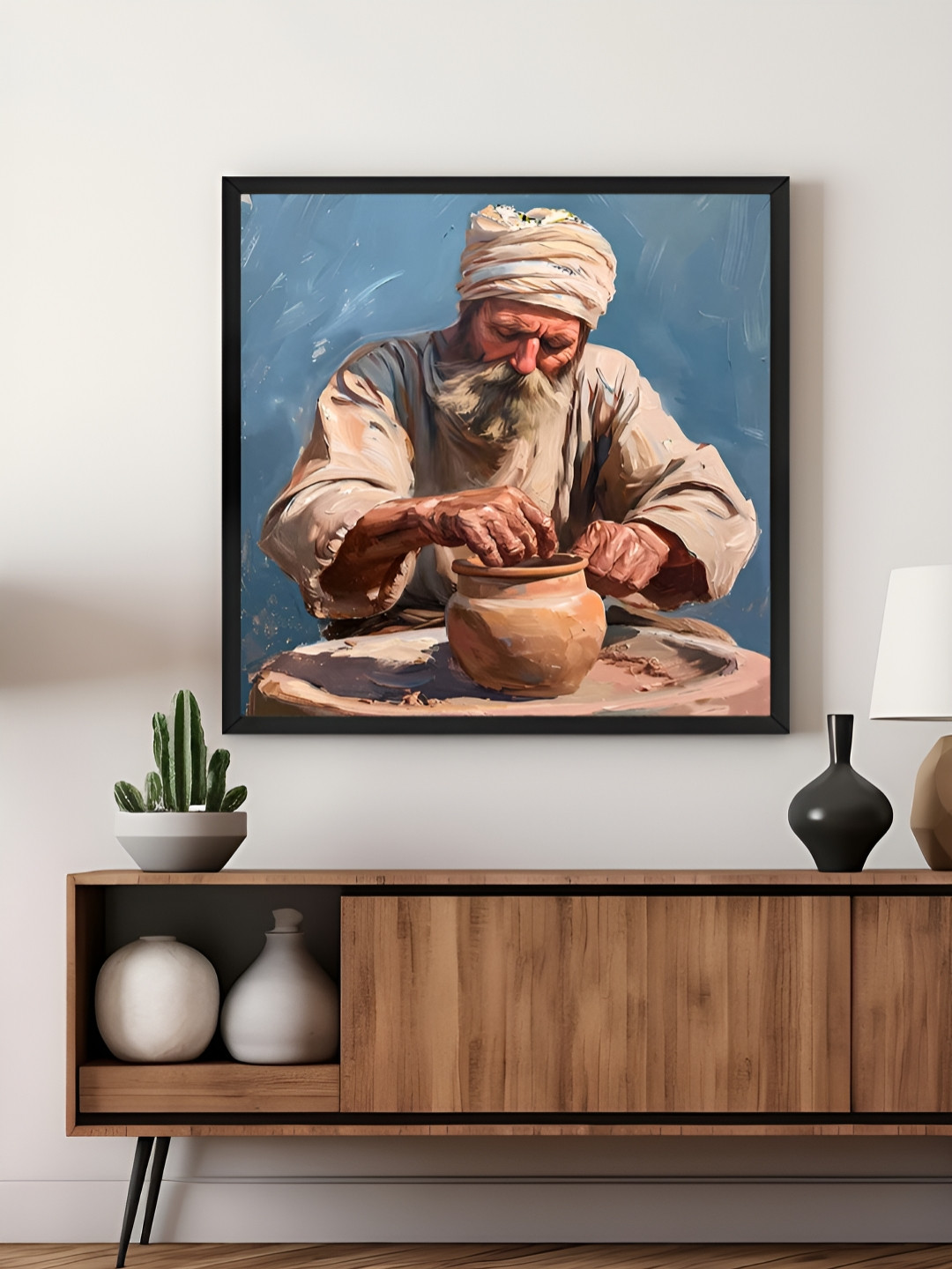 999Store Beige & Blue Man Printed Canvas Wall Art