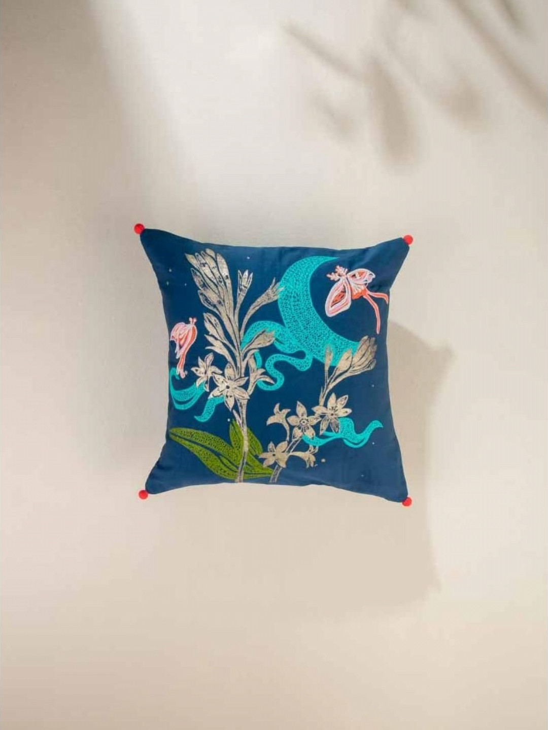 FREEDOM TREE Twilight Tuberose Blue & Green Floral Printed Cotton Square Cushion Cover