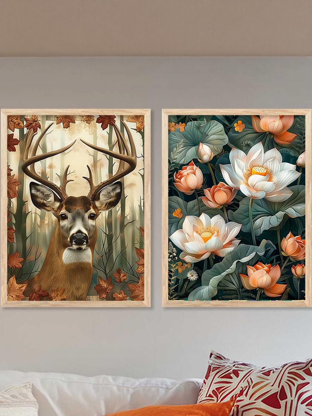 WALLLANE Multicolor Deer and Botanical Wall Painting Pack of 2