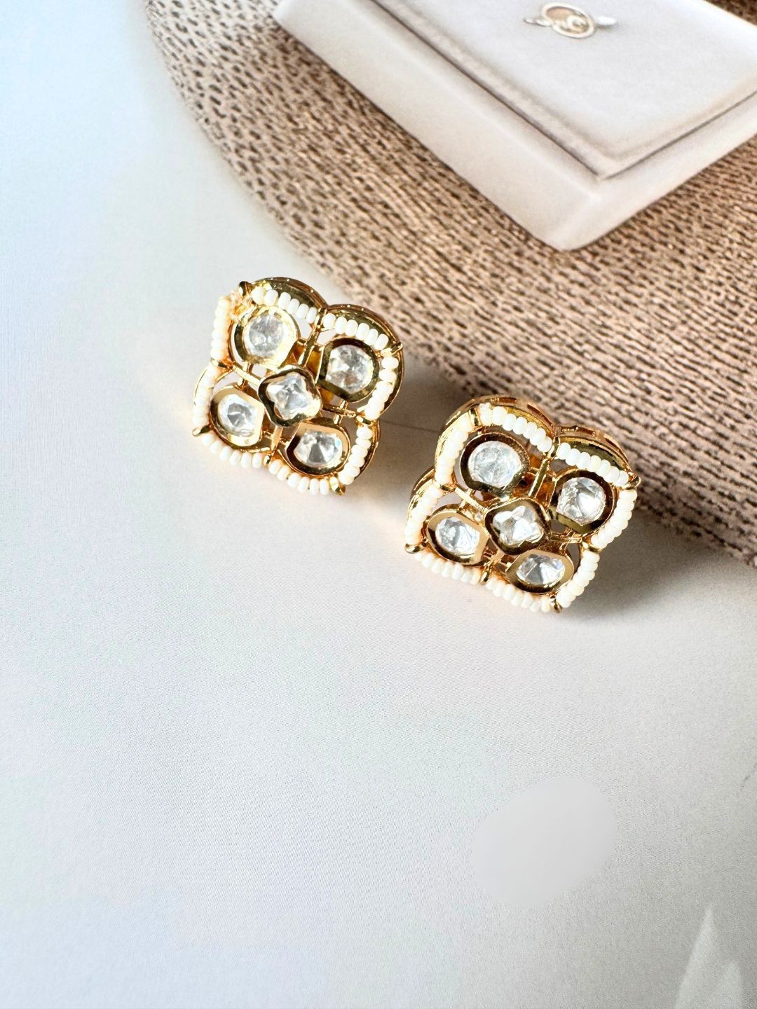 The Jewellery Tale Stainless Steel Rose Gold Plated Stones Studded & Beaded Square Studs