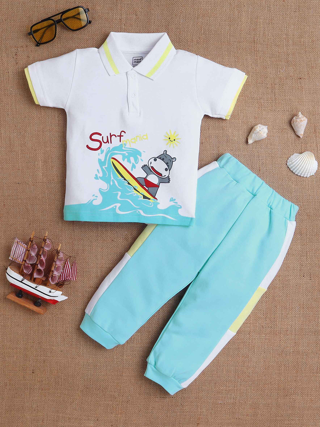 MeeMee Kids Printed Polo Collar Pure Cotton T-Shirt With Jogger