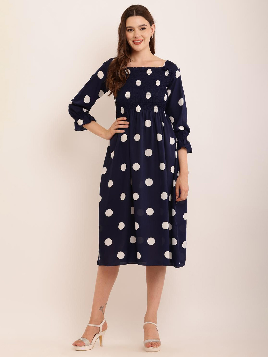 69 FASHION STREET Women Polka Dot Crepe A-Line Midi Dress