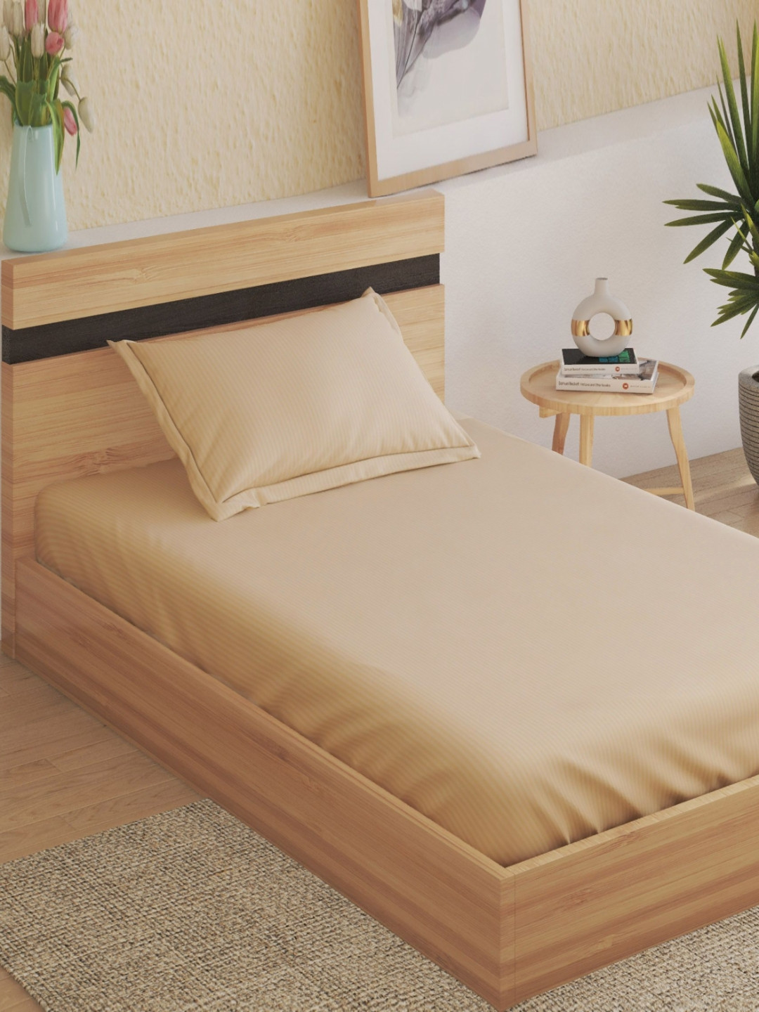 Home Centre Juniper Beige Striped Single Bedsheet Set 2.18m x 1.52 m