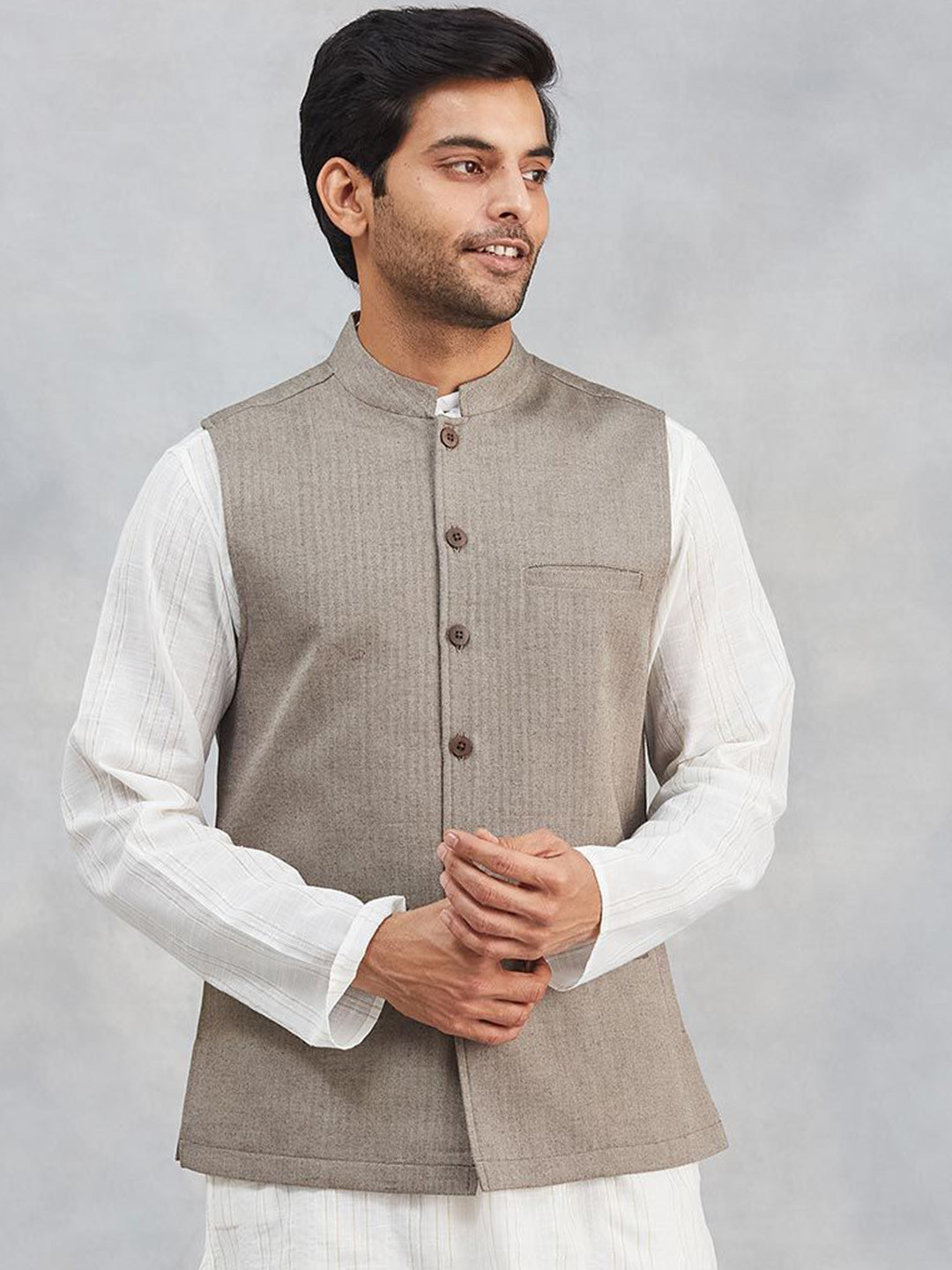 Fabindia Woven-Design Cotton Chinese Collar Nehru Jacket