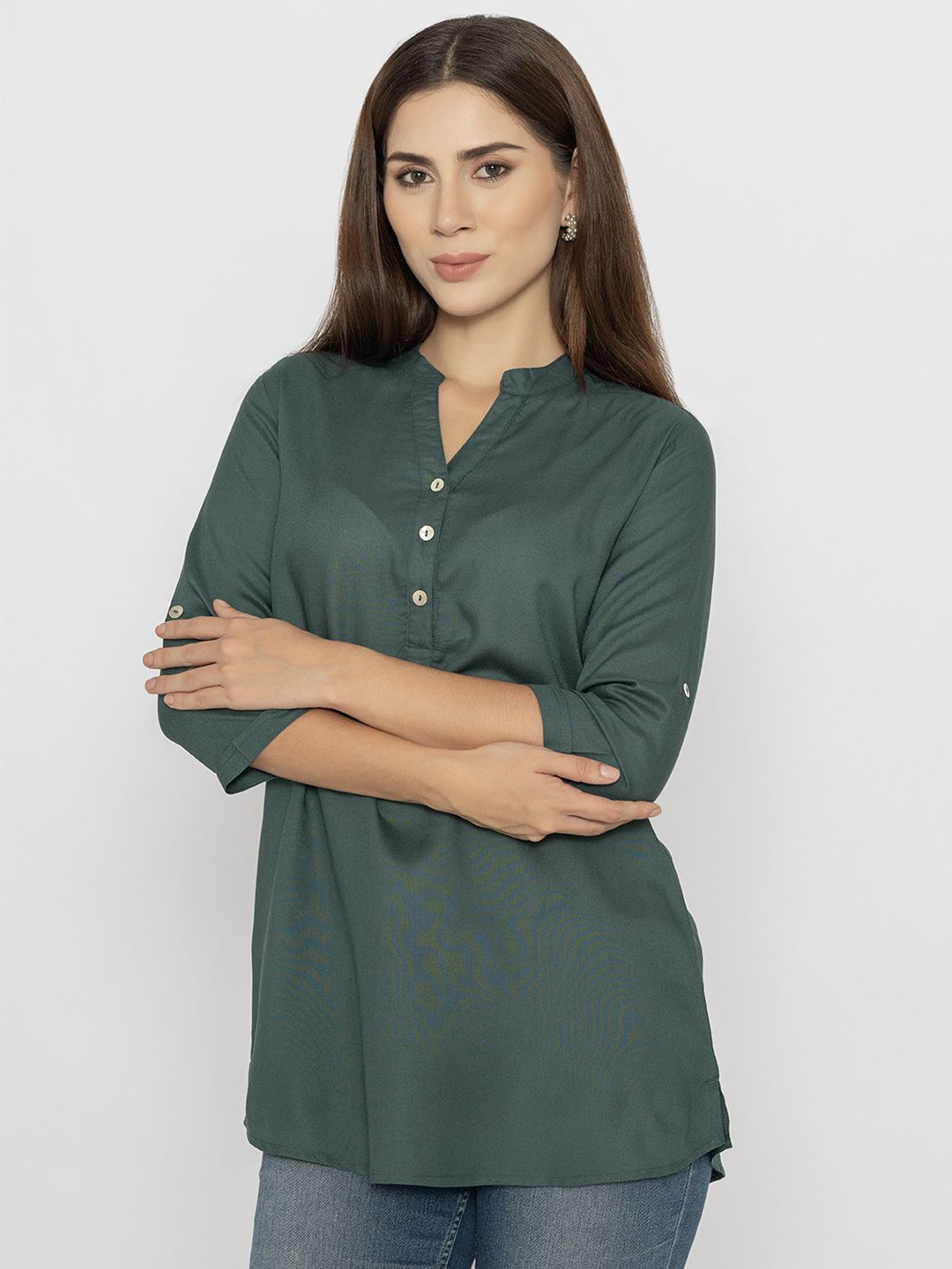 Bonjour Women Mandarin Collar A-Line Kurti