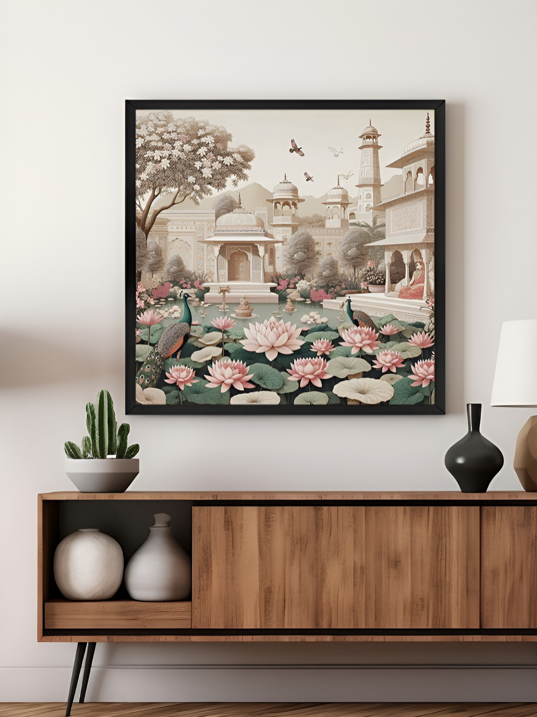 999Store Pink Garden Art Serene Lotus Pond & Architecture with Peacocks Canvas Wall Art