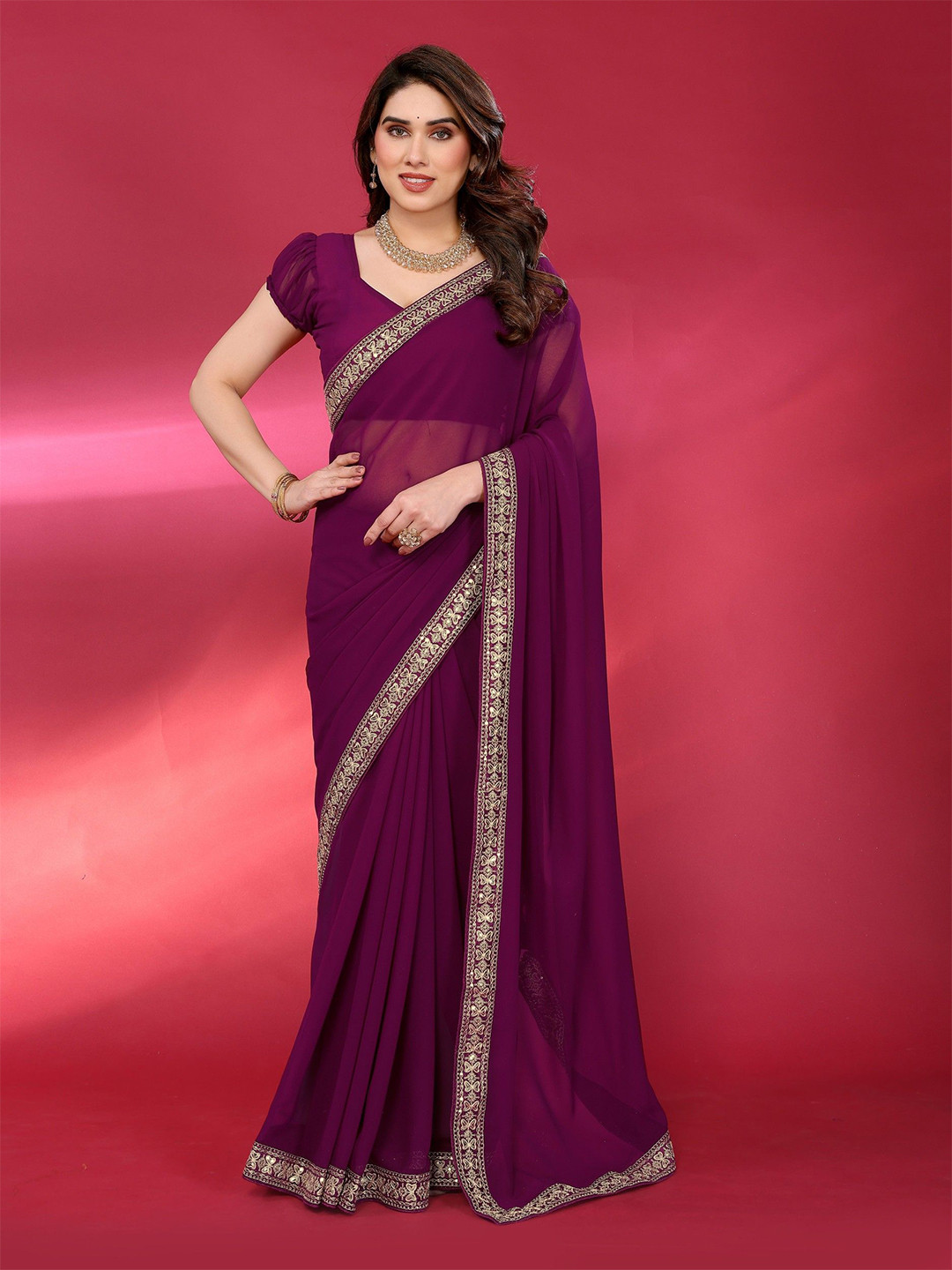 Pandadi Saree Solid Embroiderd Lace Work Saree With Unstitched Blouse Piece