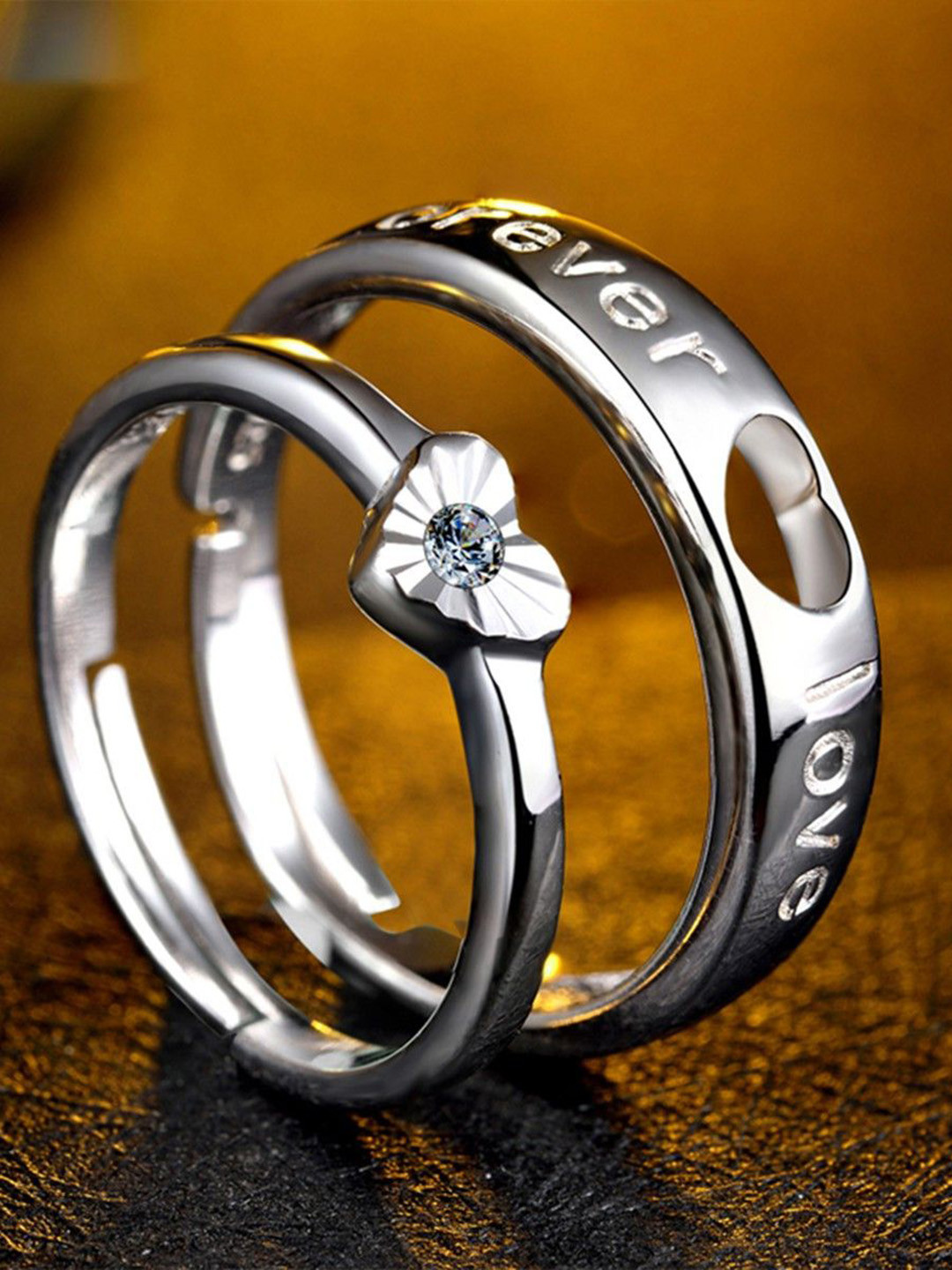 Ringzinnie Set Of 2 Stone-Studded Embrace Heart Couple Adjustable Finger Ring