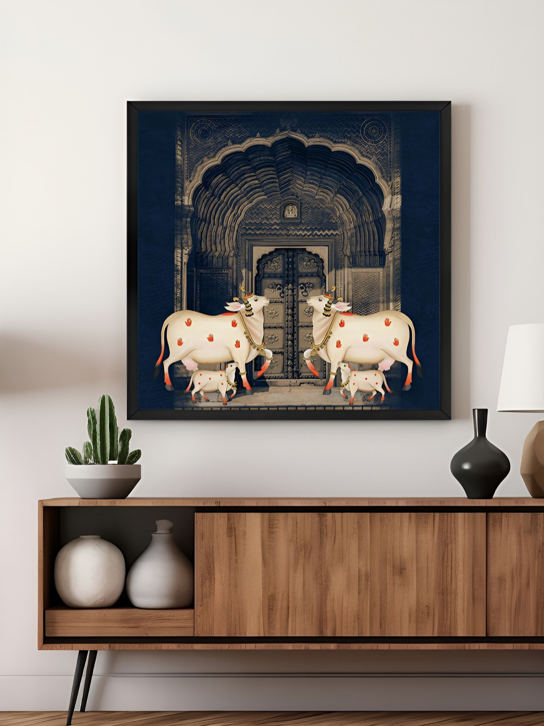 999Store White & Grey Traditional Indian Cows With Calves Canvas Wall Art