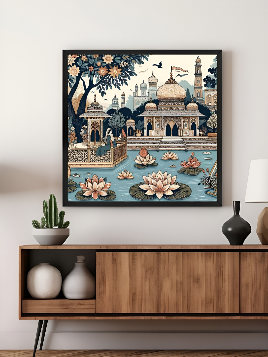 999Store Blue & Green Canvas Traditional Indian Palace with Lotus Pond Wall Art