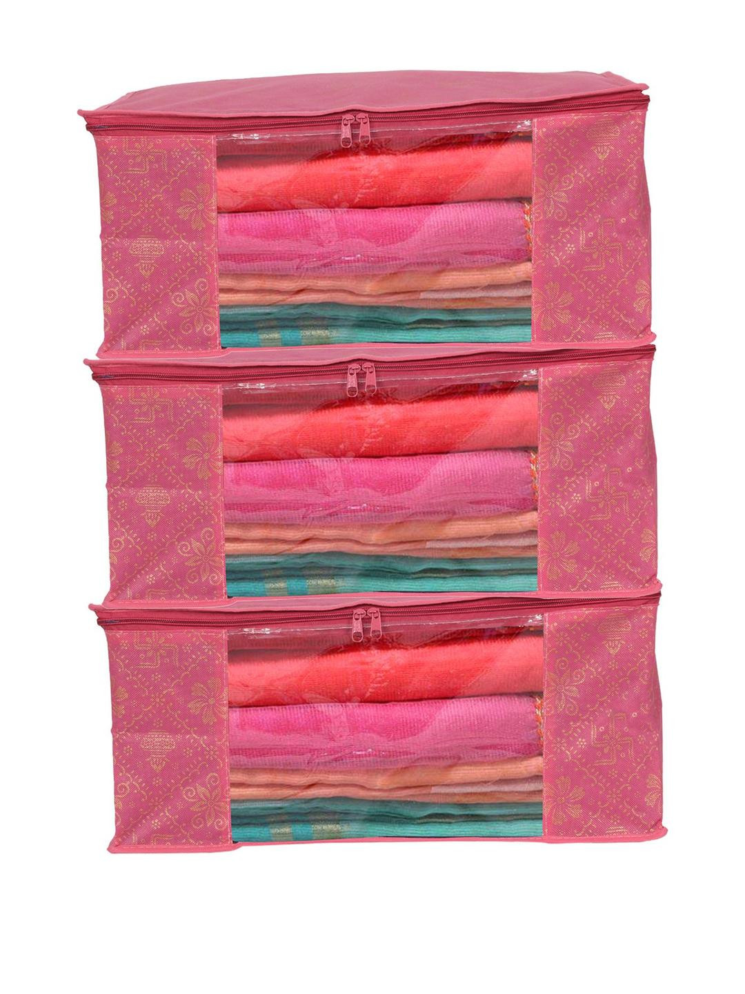 BB BACKBENCHERS Pink Set Of 3 Non-Woven Saree Cover With Transparent Plastic Organisers