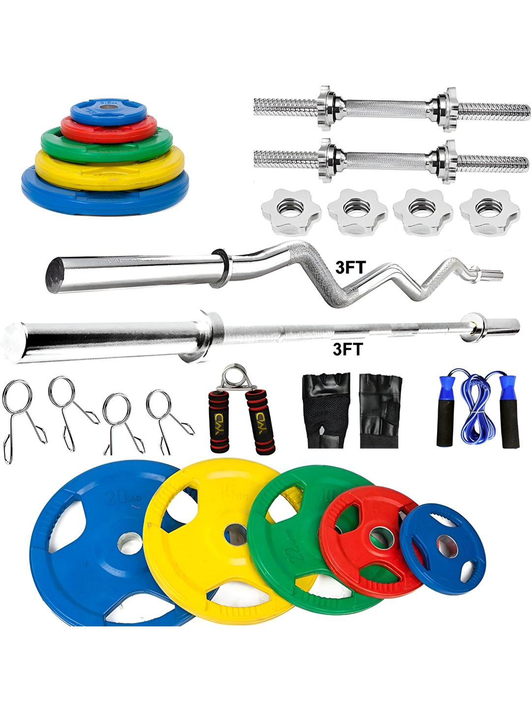 YMD Metal Integrated Rubber Plats Three Cuts Curl Straight Rod Home Gym Combo