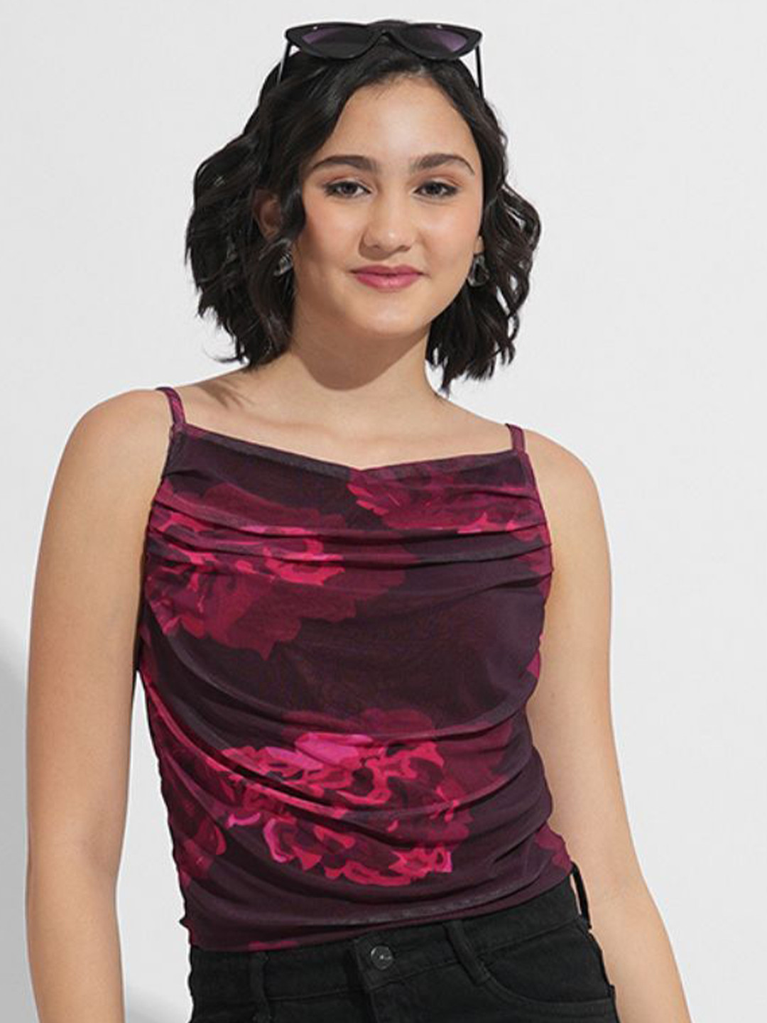 Murcia Women Floral Print Cowl Neck Crop Top