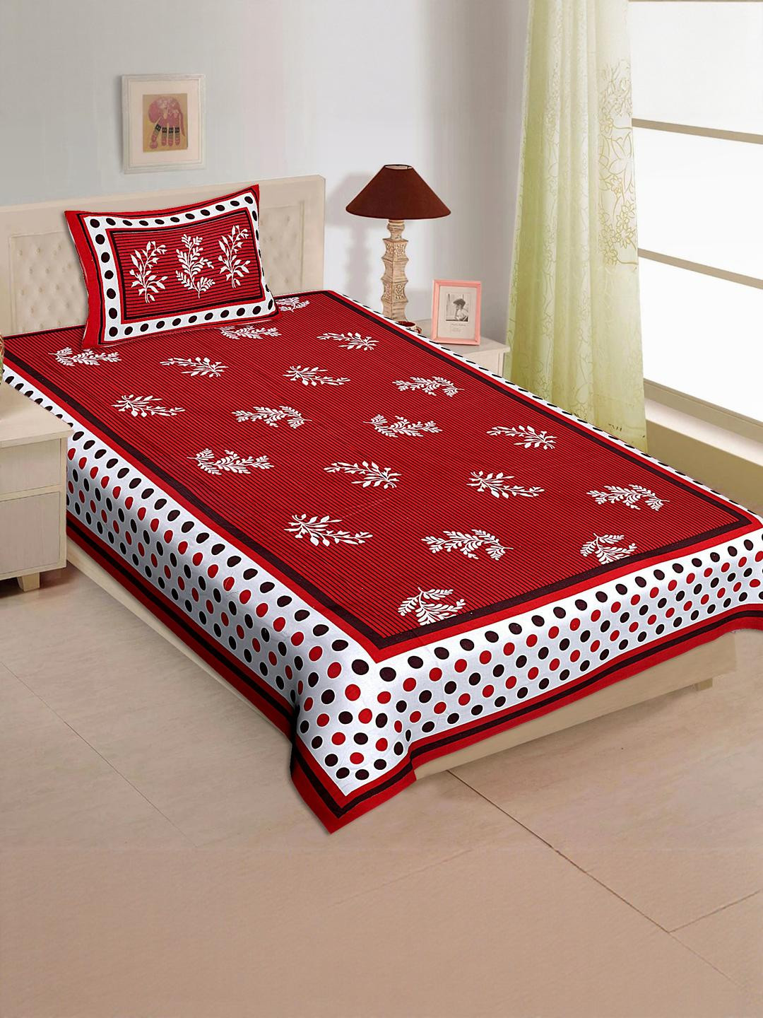 MANDAKINI Red Floral 144 TC Single Bedsheet With 1 Pillow Covers