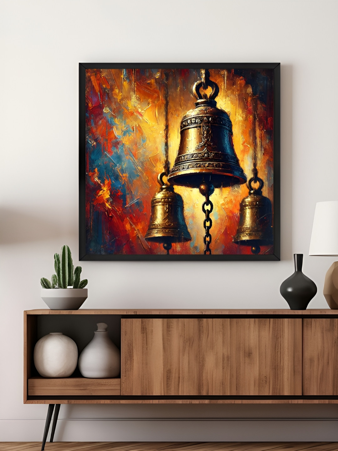 999Store Orange Colored & Blue Temple Bells Printed Canvas Wall Art