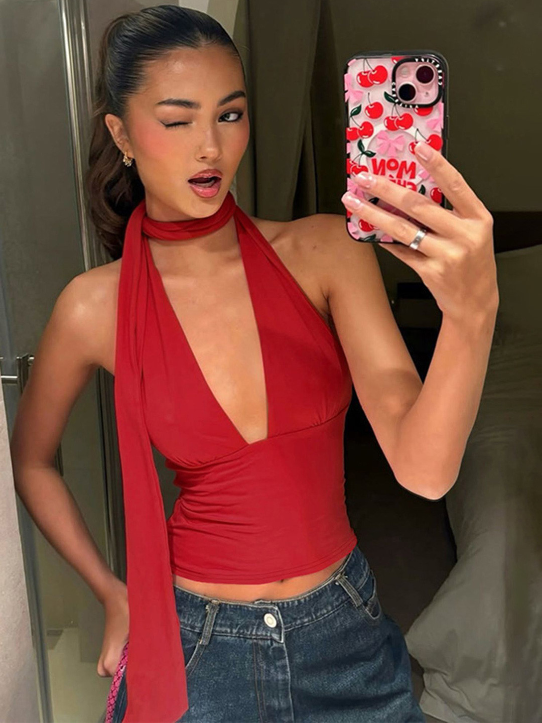 LULU & SKY Scarf Neck Fitted Crop Top