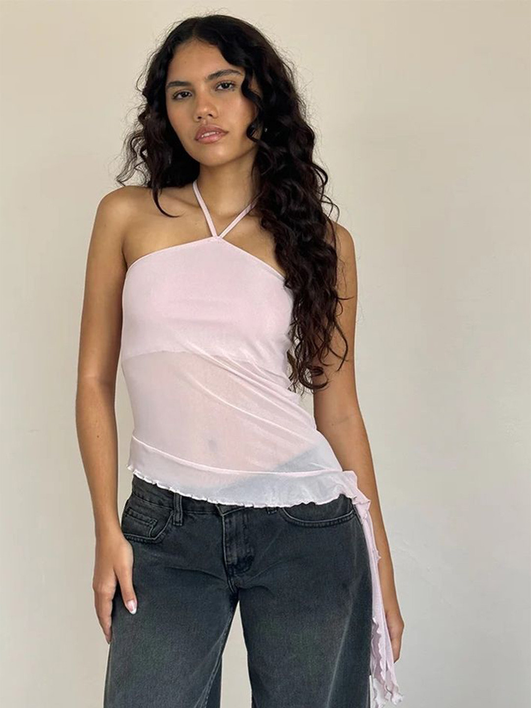 LULU & SKY Ruffles Halter Neck Sheer Tube Top
