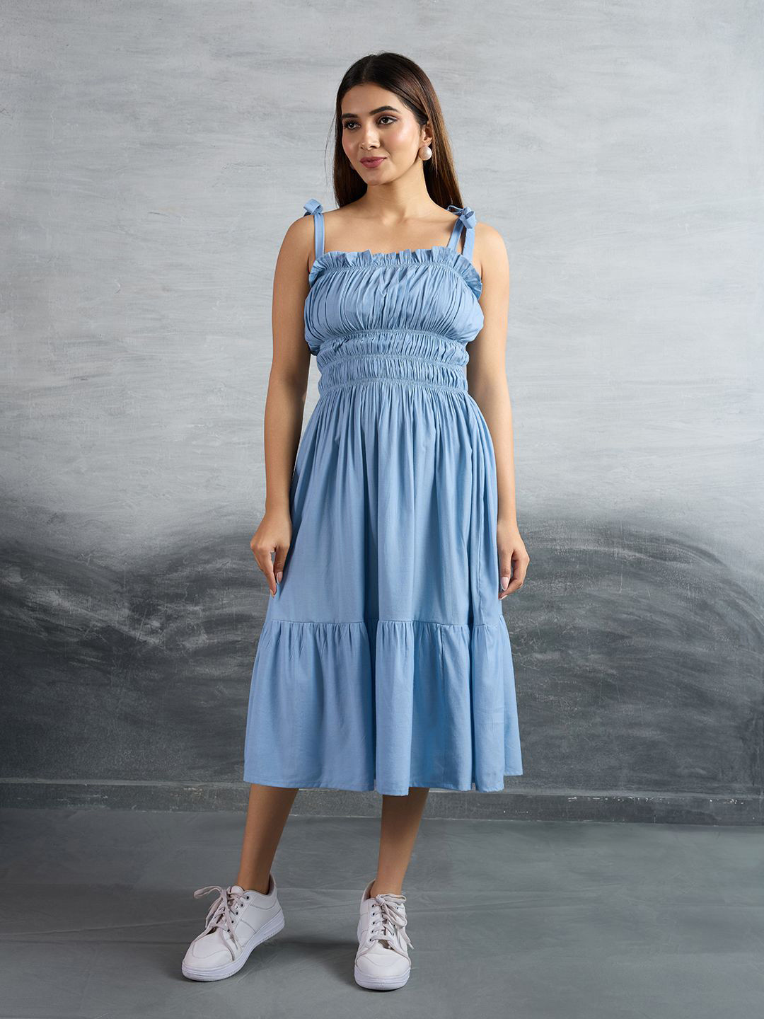 P D Silk Mills Women Shoulder Straps Smocked Fit & Flare Dress