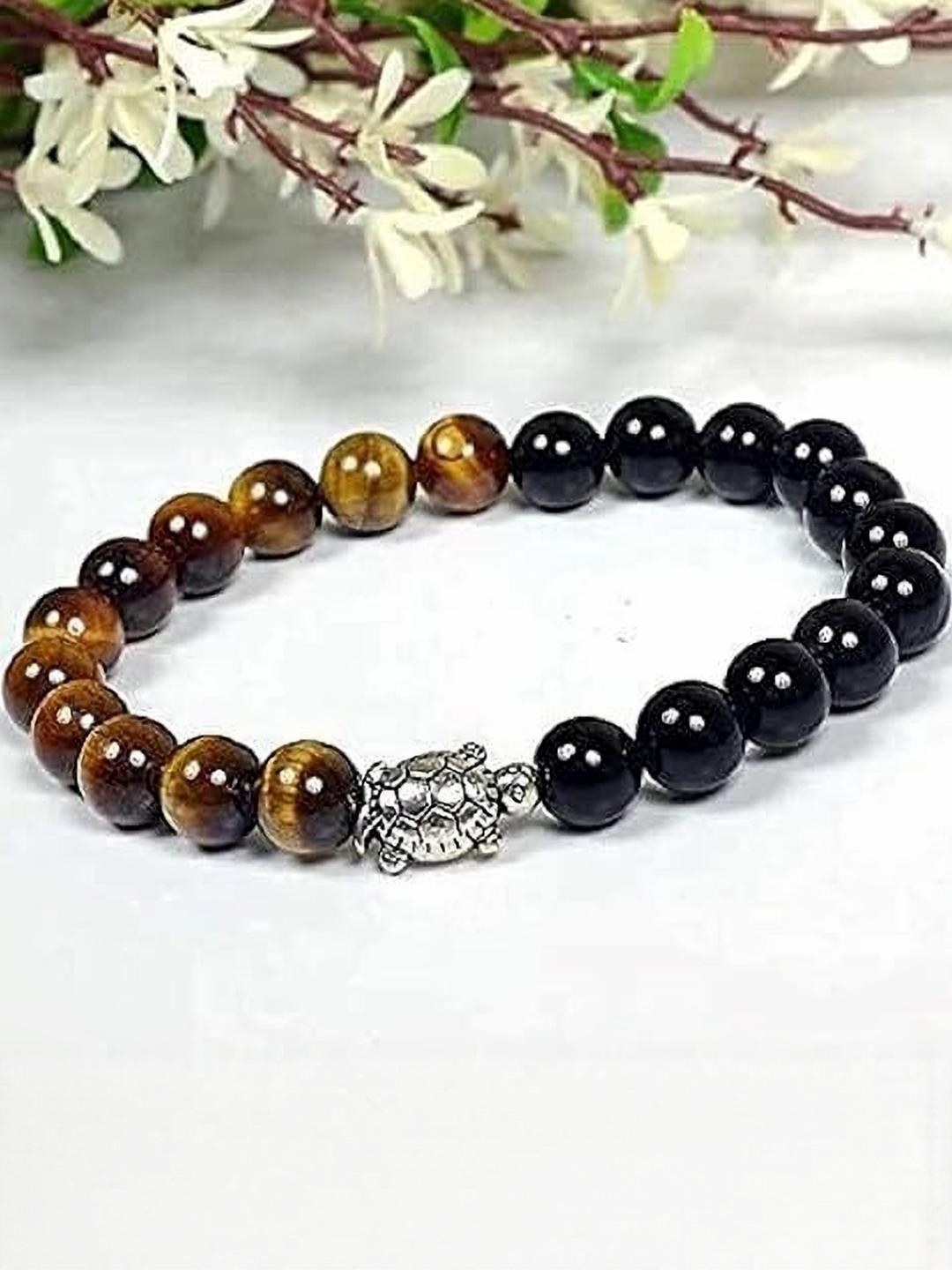 VIBESLE Unisex Black Tiger eye Crystal Stone And Tortoise Bracelet