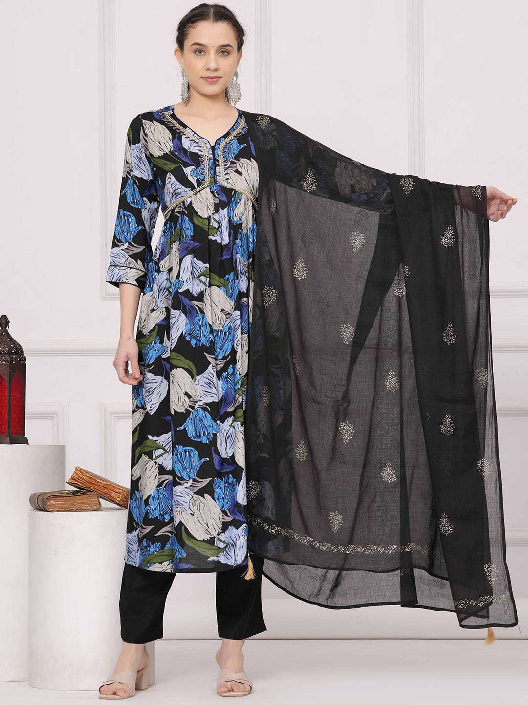 SIKRA Women Floral Printed Regular Zardozi Kurta with Trousers & With Dupatta