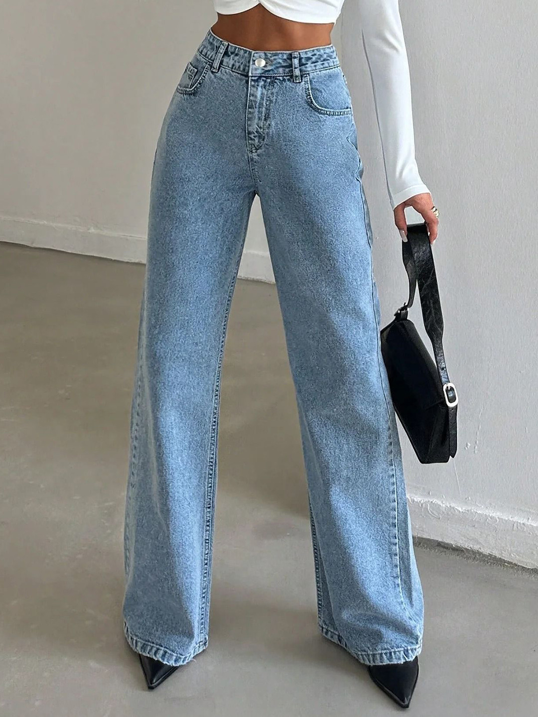 POMPOUS Women Wide Leg Hgih-Rise Stretchable Jeans