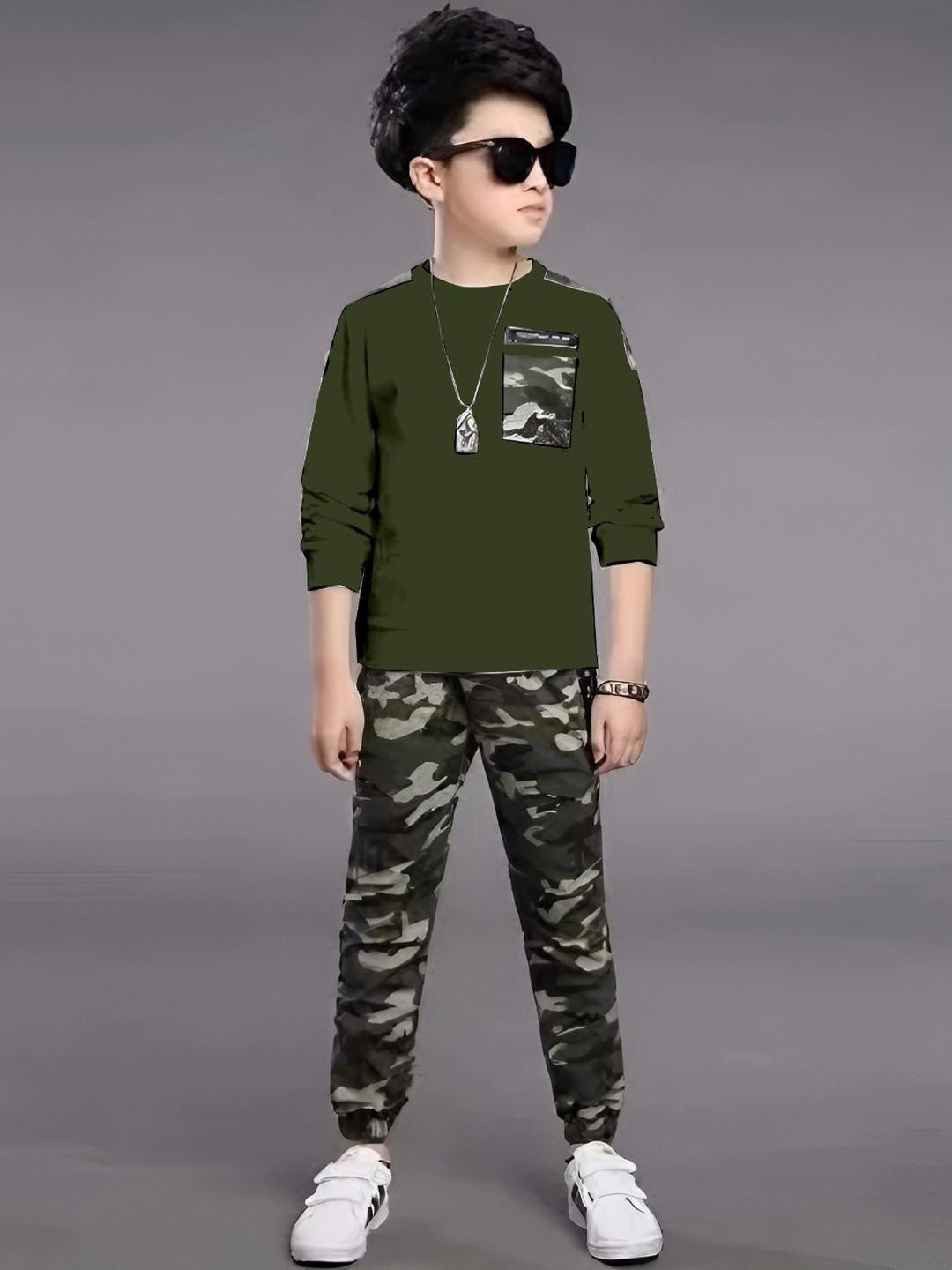 ZIKIGO Boys Green Army Printed Round Neck Long Sleeves Casual T-shirt with Trousers