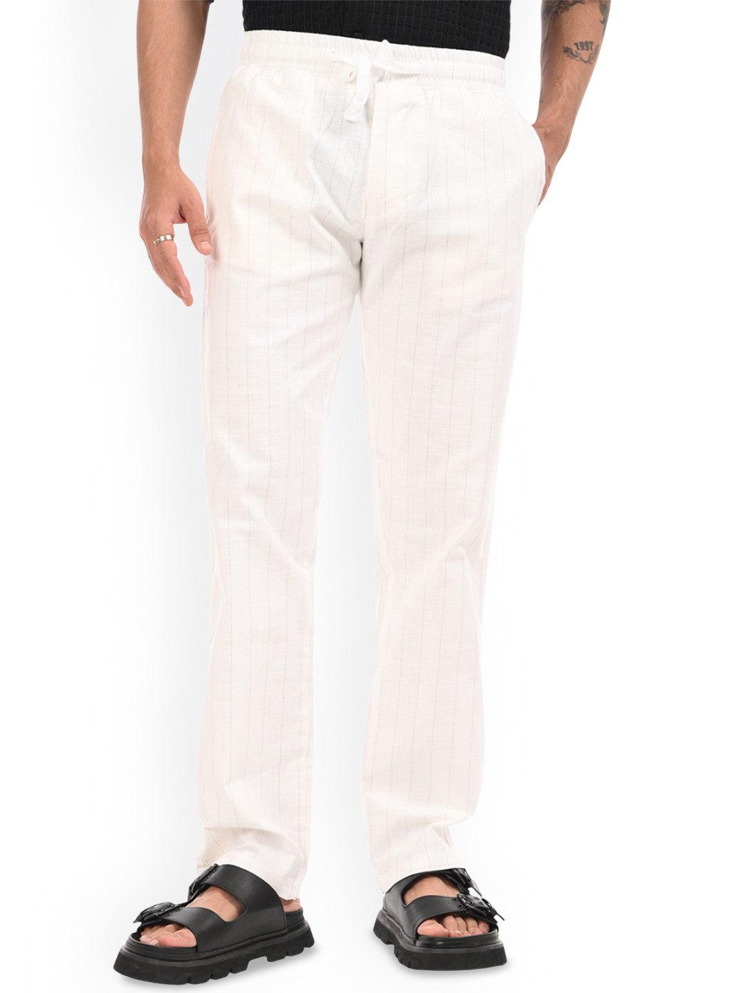 Estilocus Men White Linen Blend Straight Fit Striped Trouser