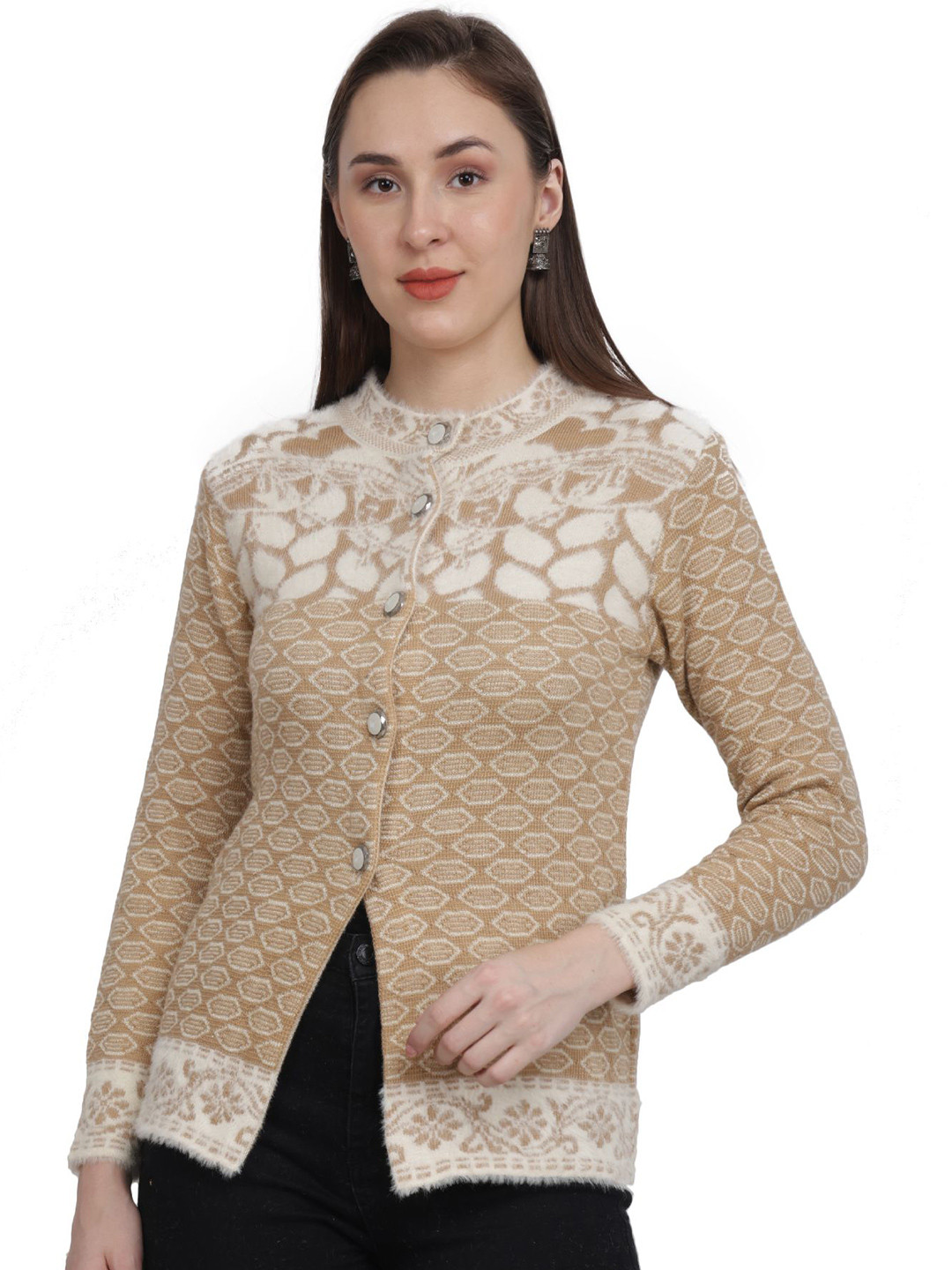 Chatanya Self Design Round Neck Long Sleeves Button Detail Cardigan