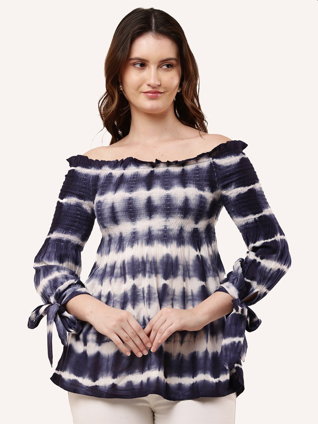 CLOTHINK INDIA Tie and Dye Off-Shoulder Smocked Detail Cotton Bardot Top