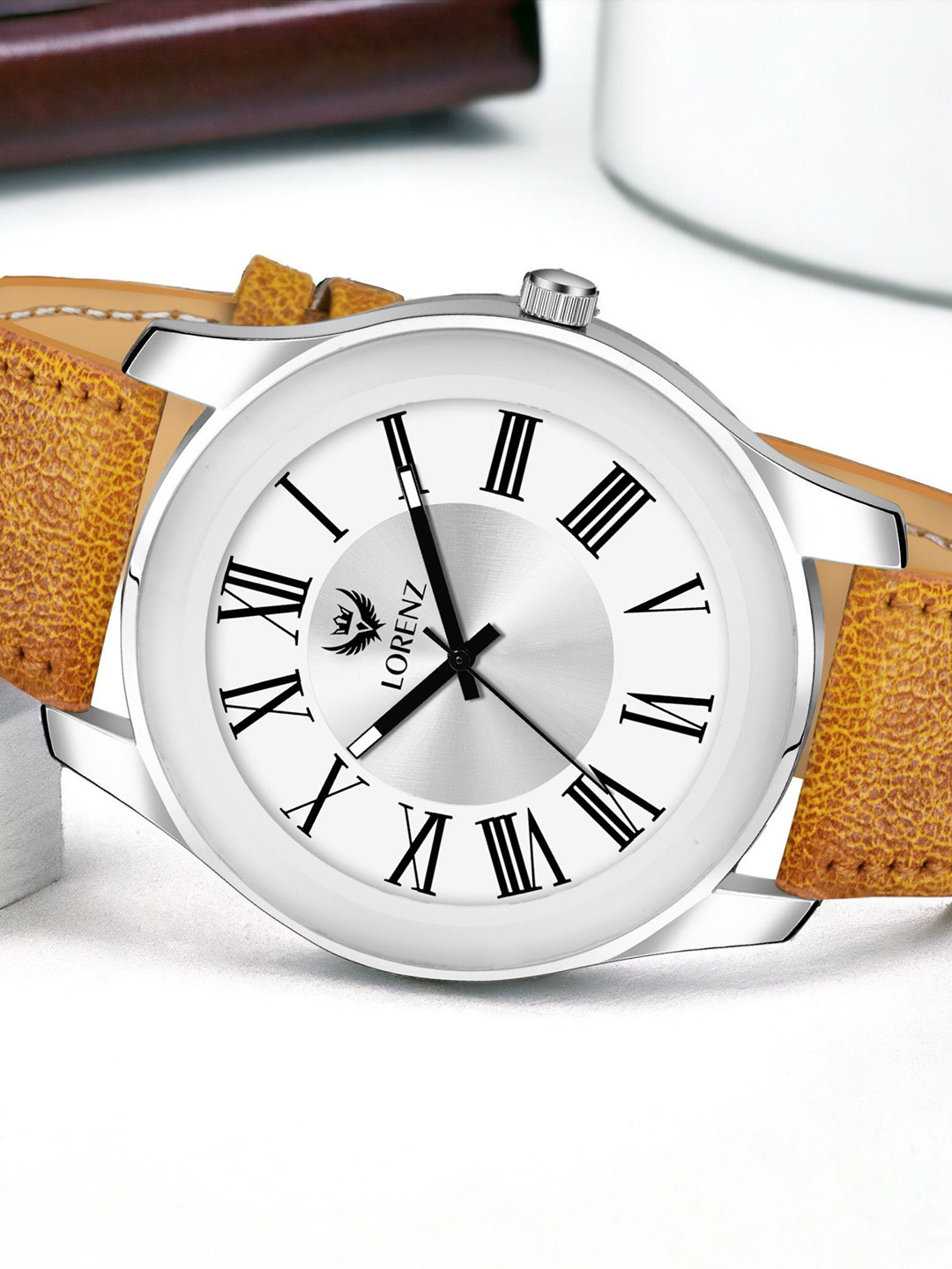 LORENZ Men Silver Roman Brass Dial & Leather Straps Analogue Watch MK-405R