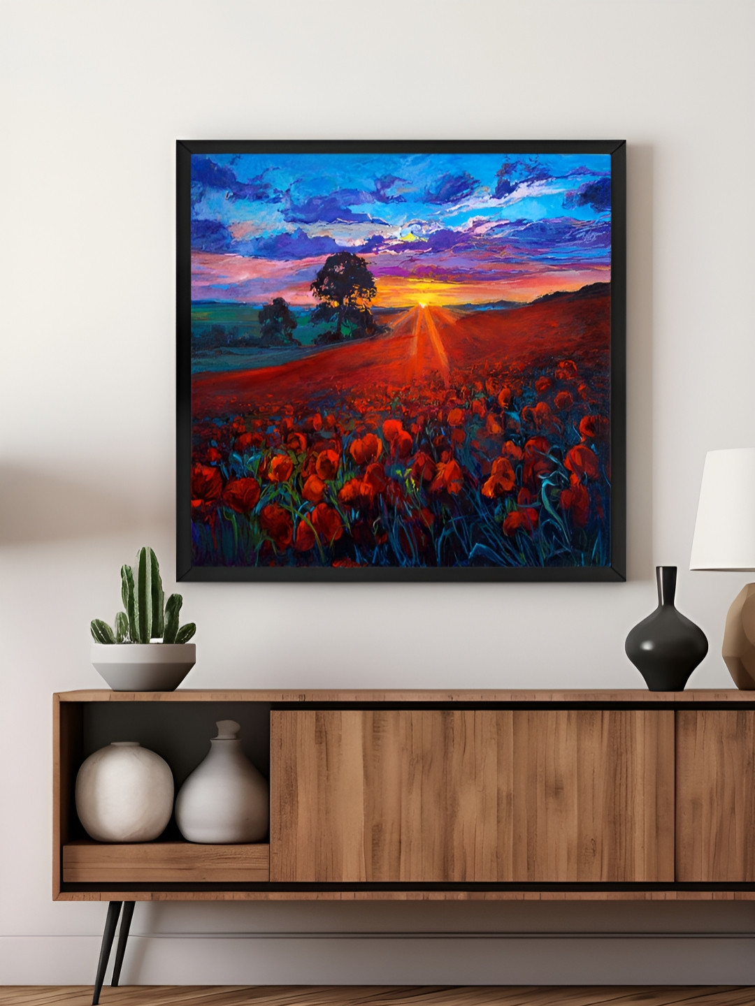 999Store Red & Blue Poppy Field Floral and Botanical Canvas Wall Art