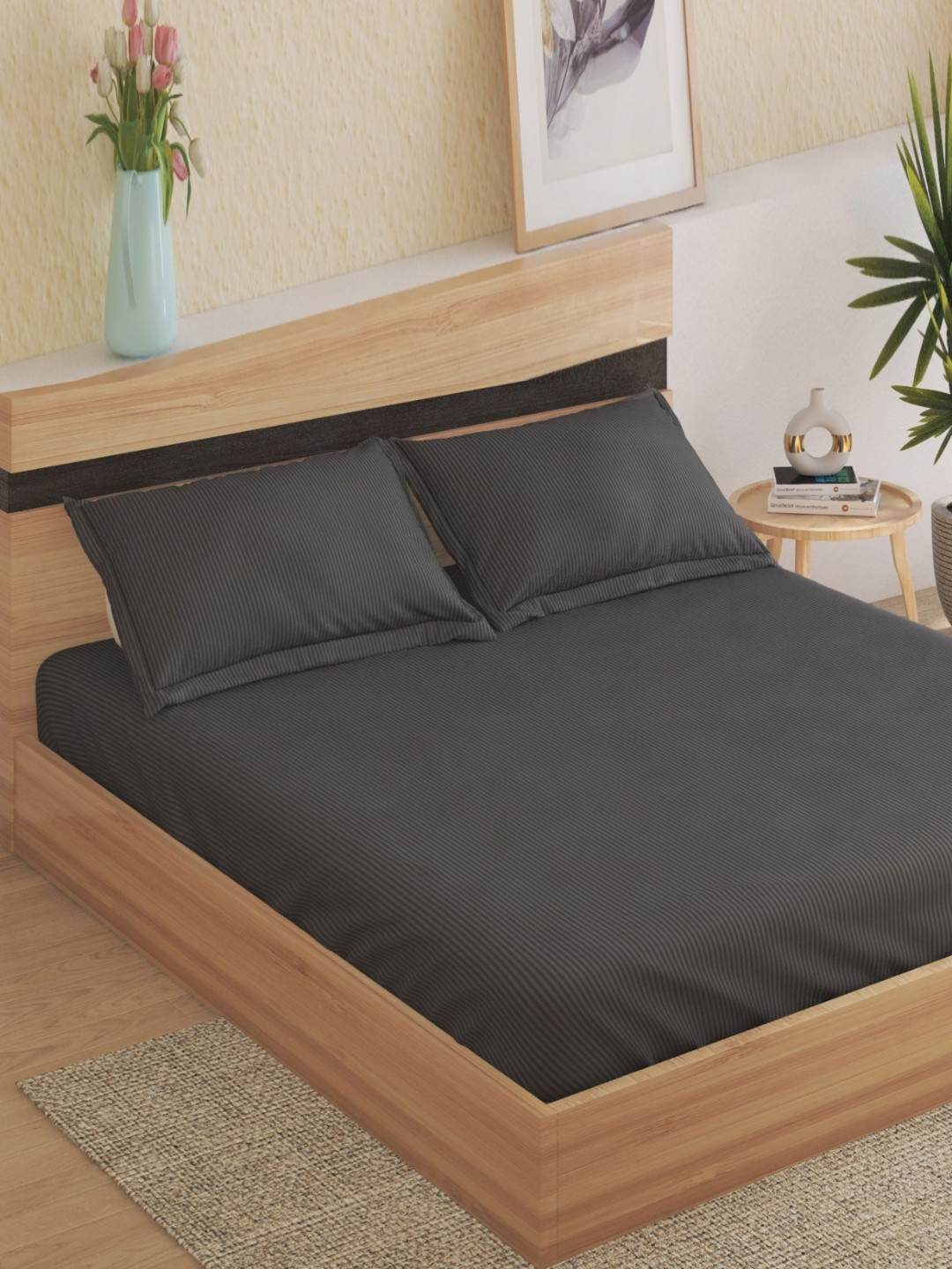 Home Centre Juniper Grey Striped Queen Bedsheet Set 2.40m x 2.20m