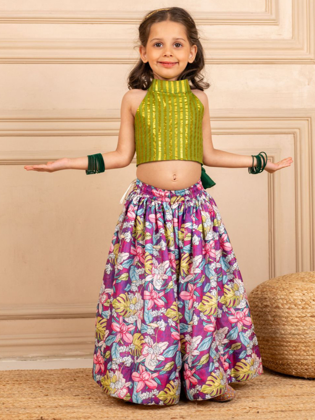 Jilmil Girls Printed Halter Neck Sleeveless Top With Lehenga