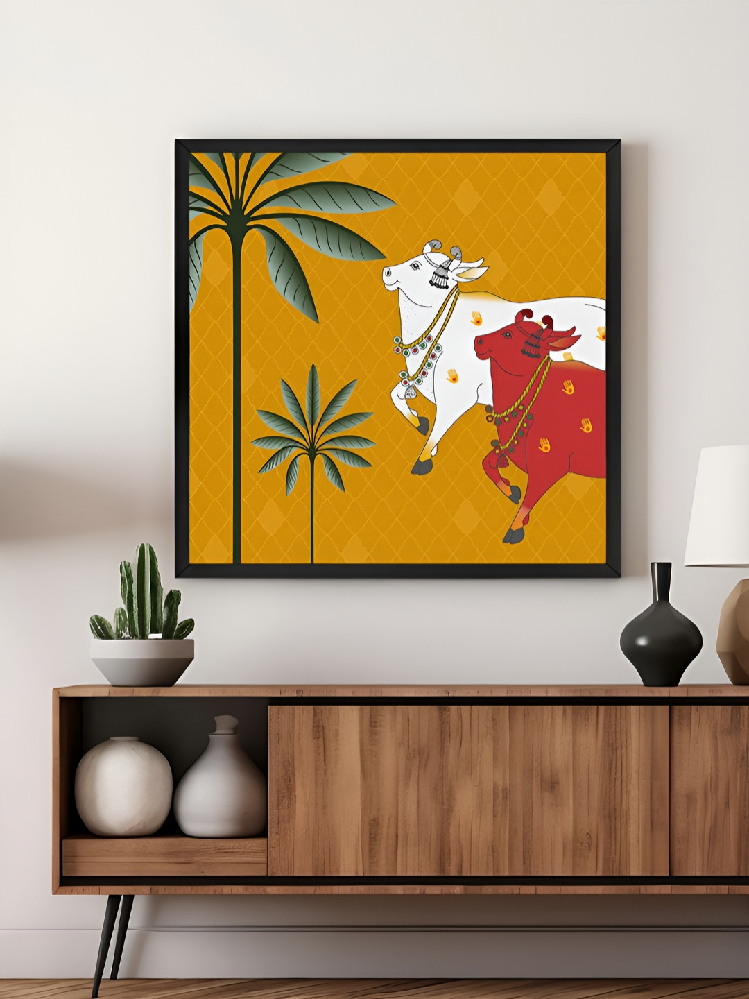 999Store Yellow & White Canvas Traditional Indian Cow Wall Art
