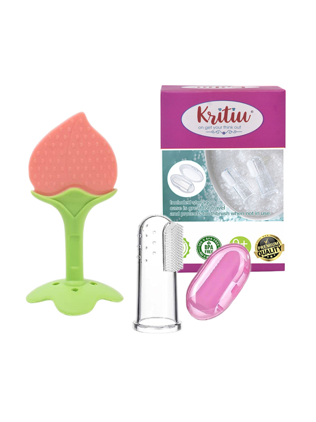Kritiu Set Of 2 Textured Silicone Baby Finger Toothbrush & Stand Teether