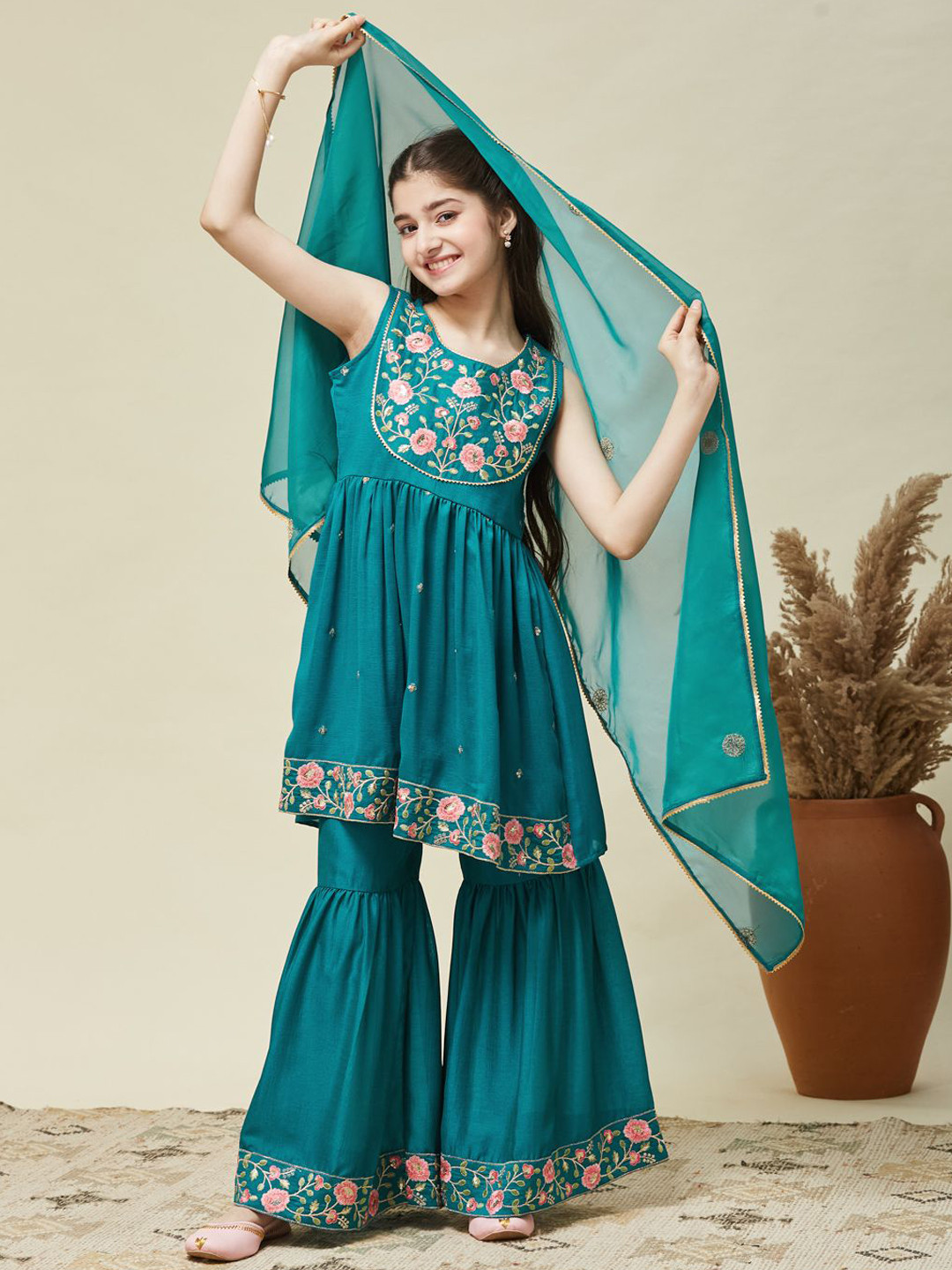 CurlyTales Girls Silk Embroidered Kurta and Sharara Set with Dupatta