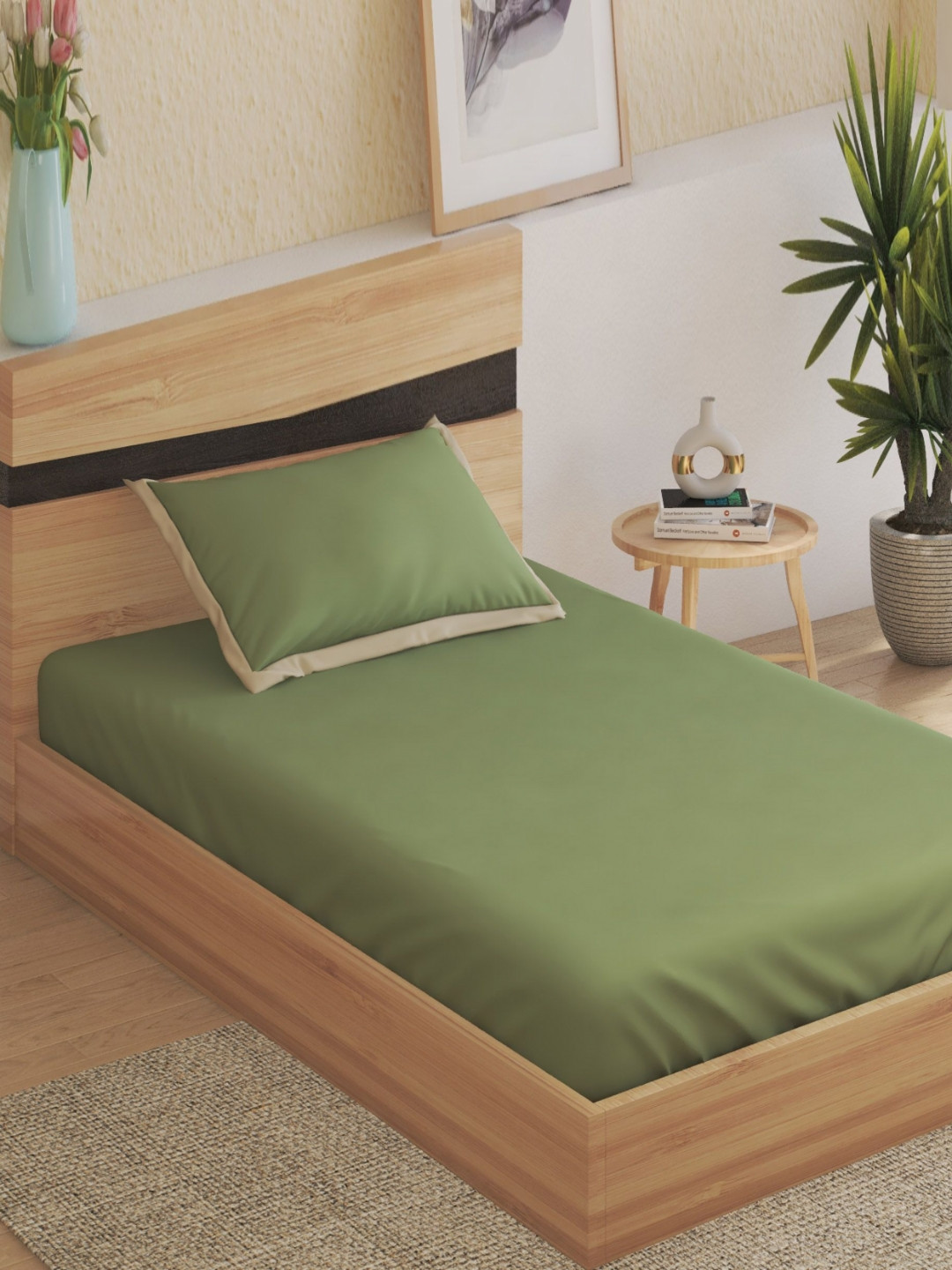 Home Centre Color Bliss Green Cotton 200TC Single Bedsheet Set 2.54m x 1.52m