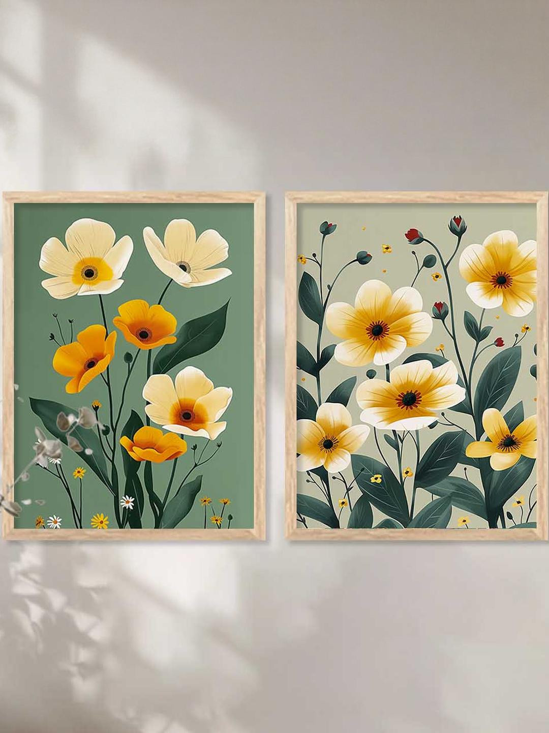 WALLLANE Green & White 2 Piece Wood Floral Wall Paintings
