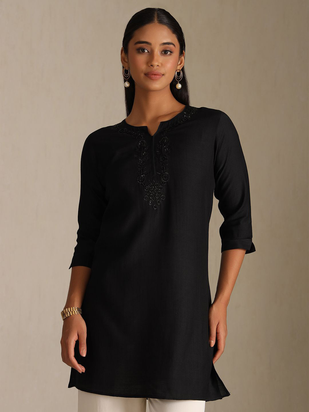 Soch Floral Embroidered Silk Notch Neck Tunic
